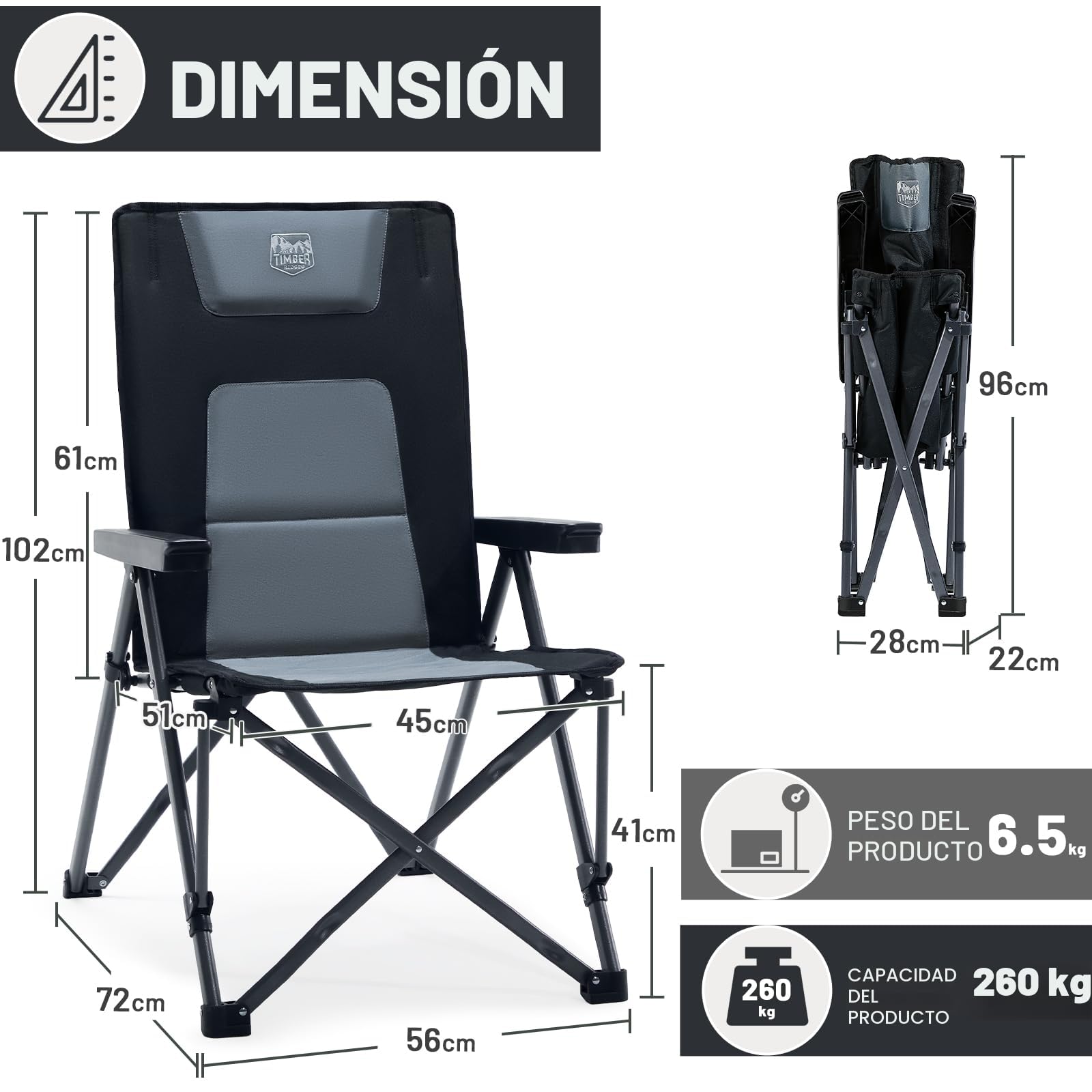 TIMBER RIDGE Silla de camping plegable de 260 kg, respaldo alto ajustable en 4 posiciones silla plegable acolchada, respaldo alto con bolsa de transporte silla de camping para jardín, balcón, caravana