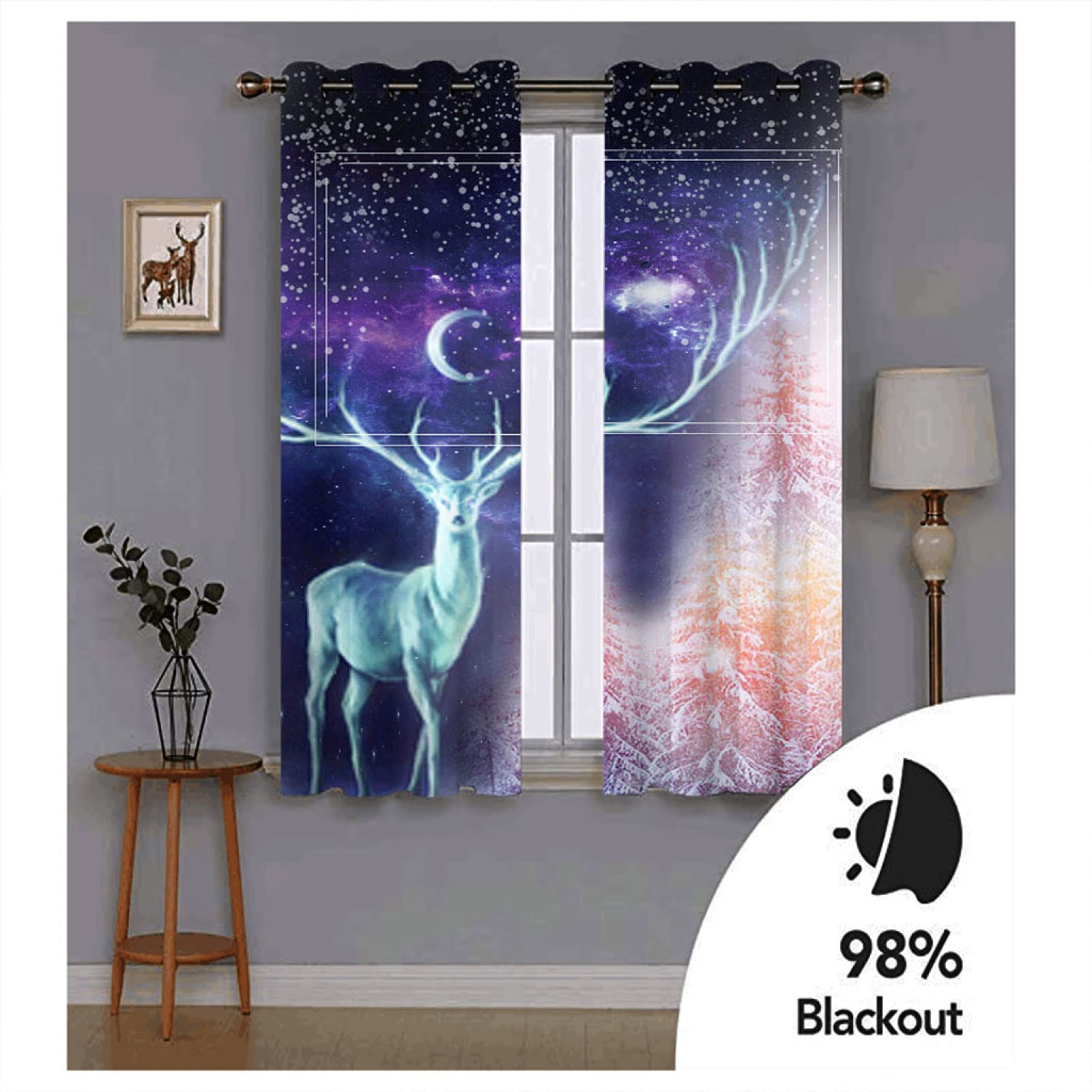 Cortinas Opacas para Salon Moderno - Cortinas Termicas Aislantes con Ollaos - Dormitorio Cocina Decoracion - 3D Alces del Bosque De Estrellas, 2 Piezas 280 X 260 Cm（An X Al）