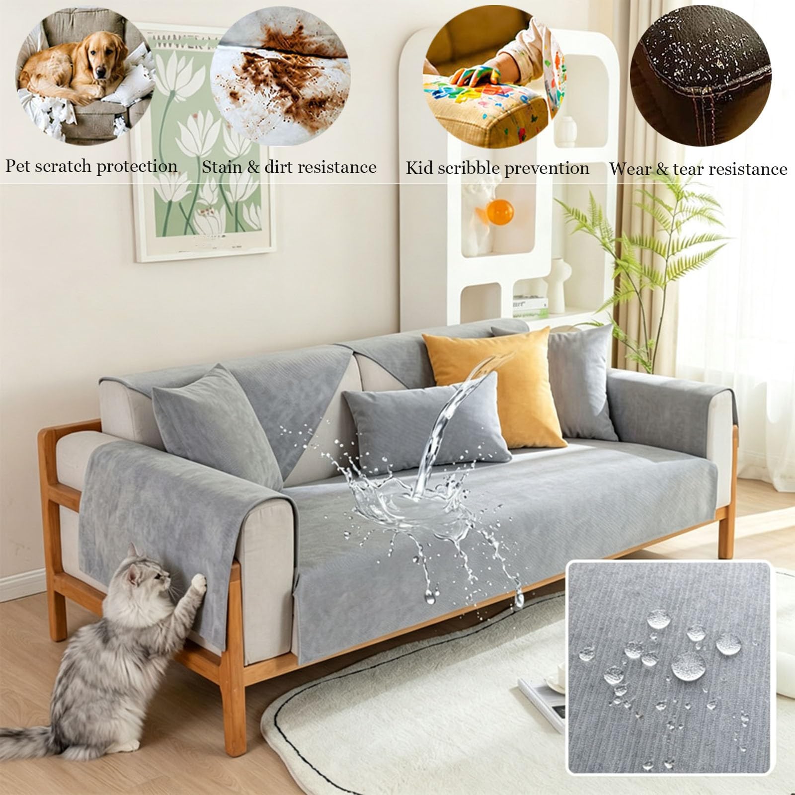 Housse de canapé Imperméable Velours Côtelé Antidérapante 1 2 3 4 Places | Protection Chat Anti Griffe Chien Coussin Assise Angle Forme L U Sectionnel Meubles Rayures Liquides Solide(Black,110x280cm)