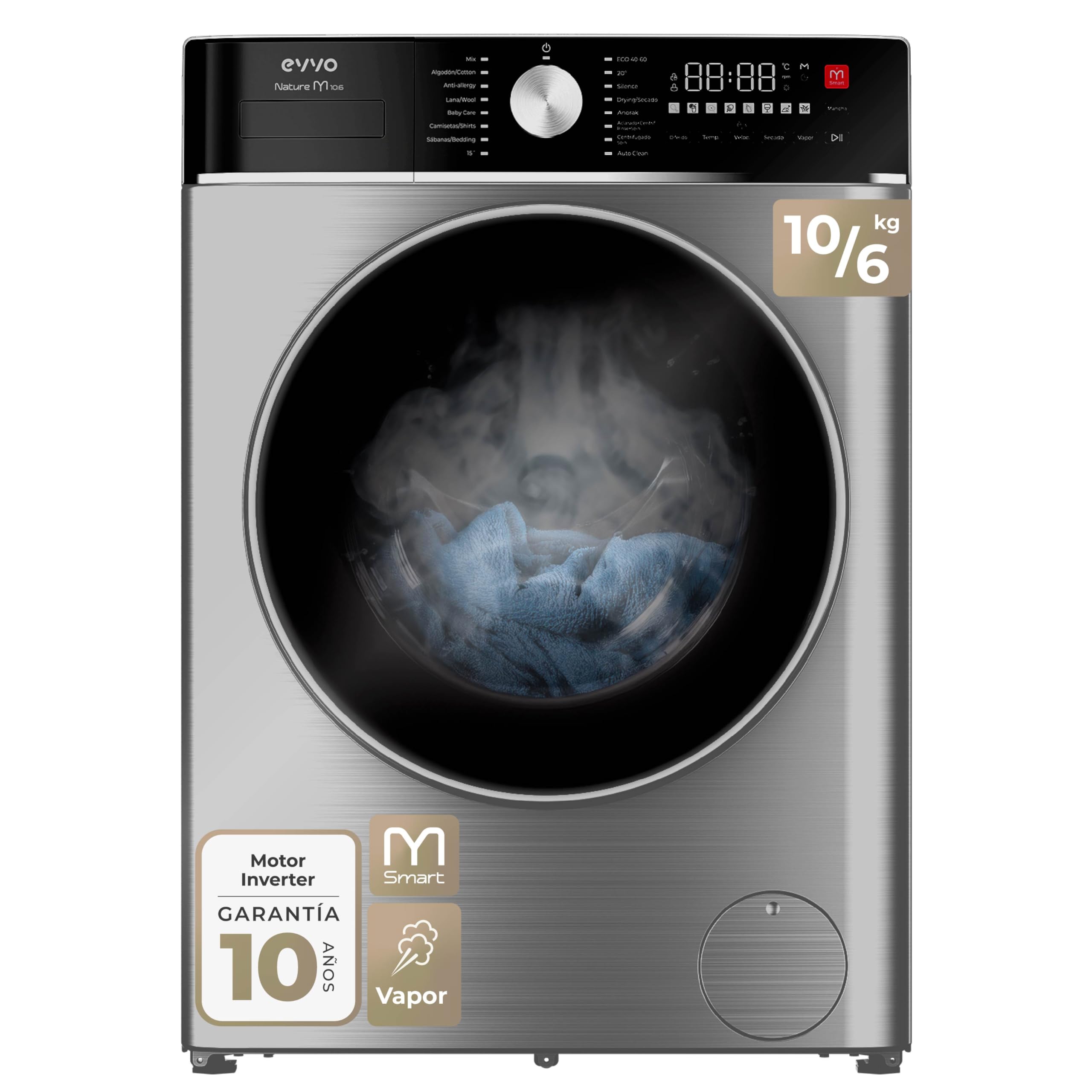 EVVO Nature M10/6X Washer-Dryer, 10 kg Wash + 6 kg Drying, 1400 rpm, BLDC Inverter Motor, Steam Wash, M-Smart One-Touch, Quick Wash 15', Delayed End 24 h, Stainless Steel