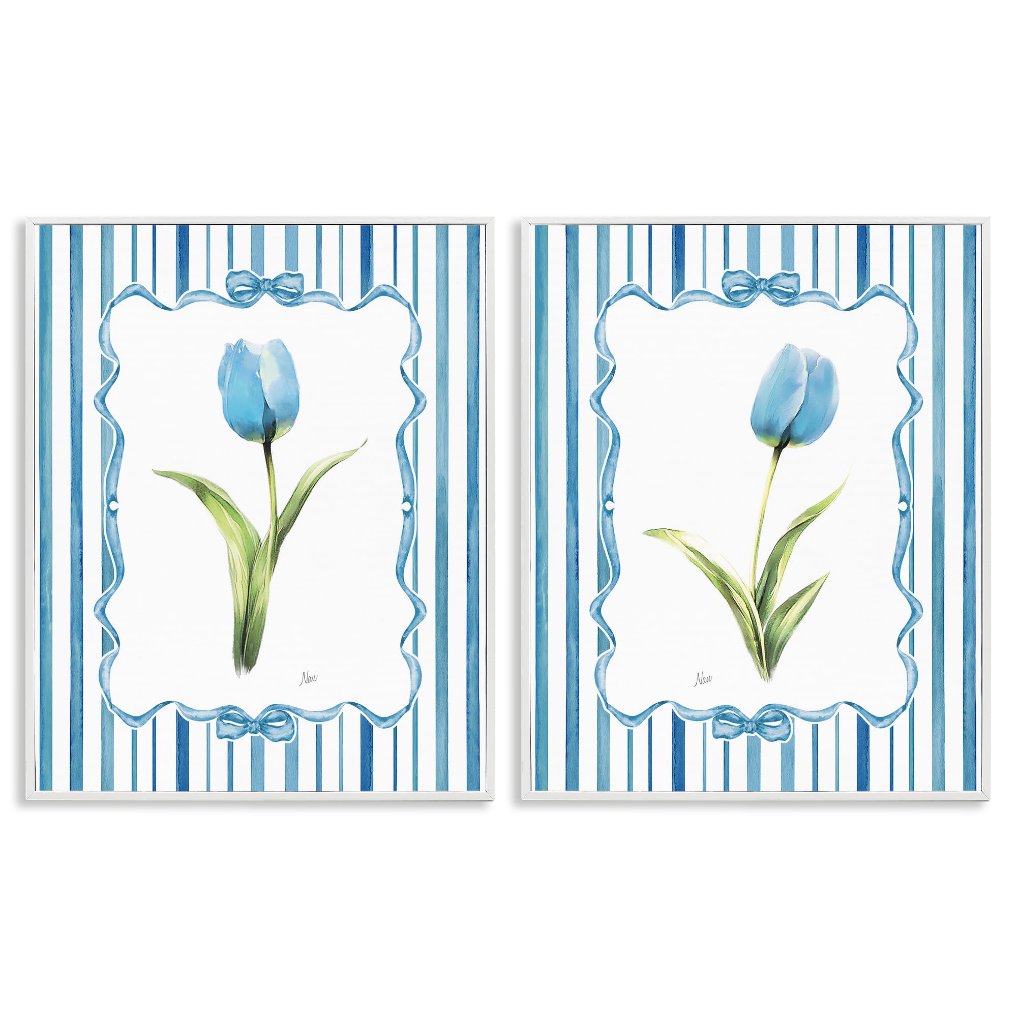 'Blue Tulips with Feminine Ribbon'| 2pc Framed Giclee Art Set 2