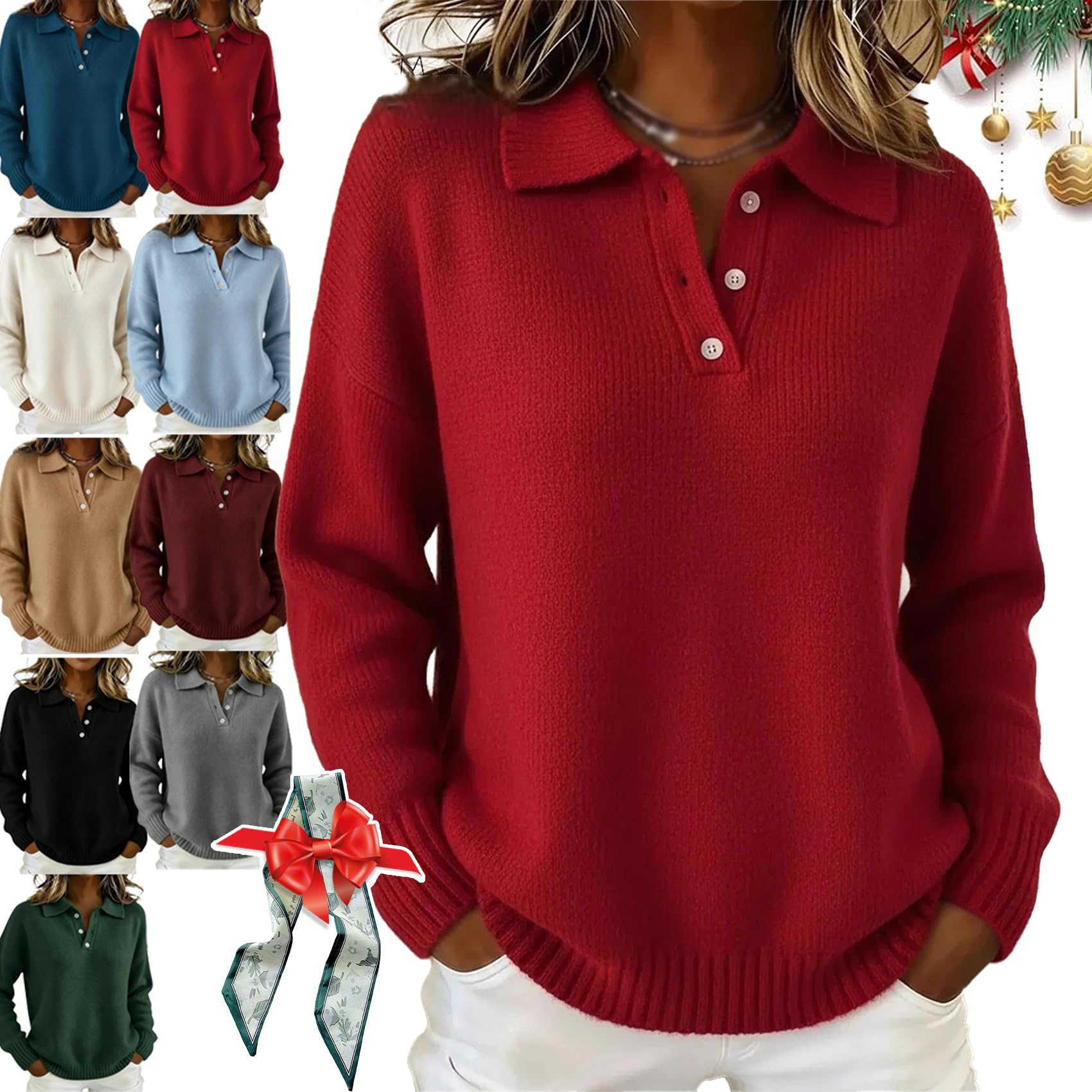 Womens Classic Polo Neck Button-Down Solid Color Sweater Top Knit Button Shirt V Neck Knitted Fall Winter Tops