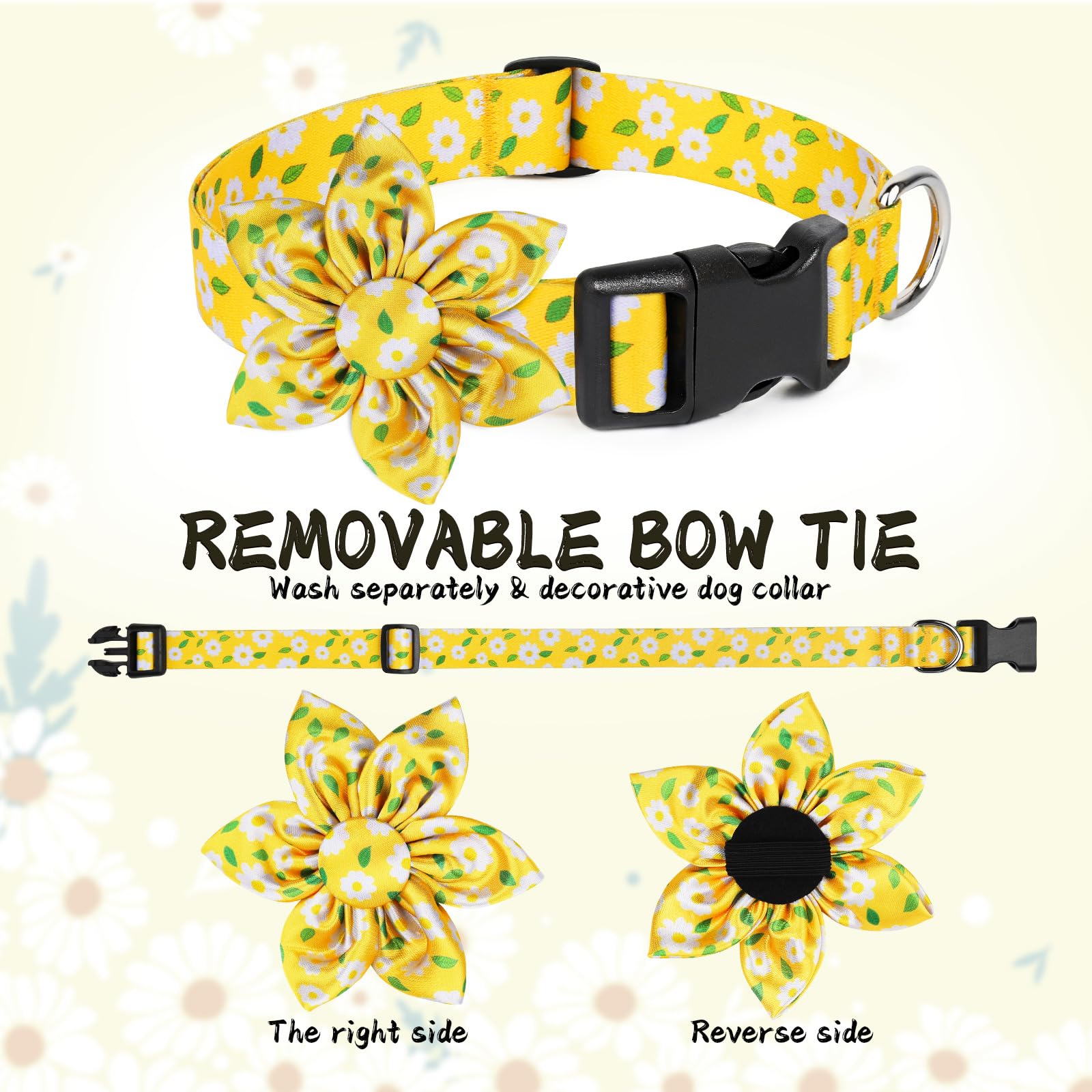 Daisy Yellow Dog Collar Cute Collars with Flower Bow for Small Medium Large Dogs Hot Yellow Floral Colored Options Dog Cat Bow Tie Soft and Fancy Personalized Dog Collars for Girl/Boy Dog Collar S - Image 3