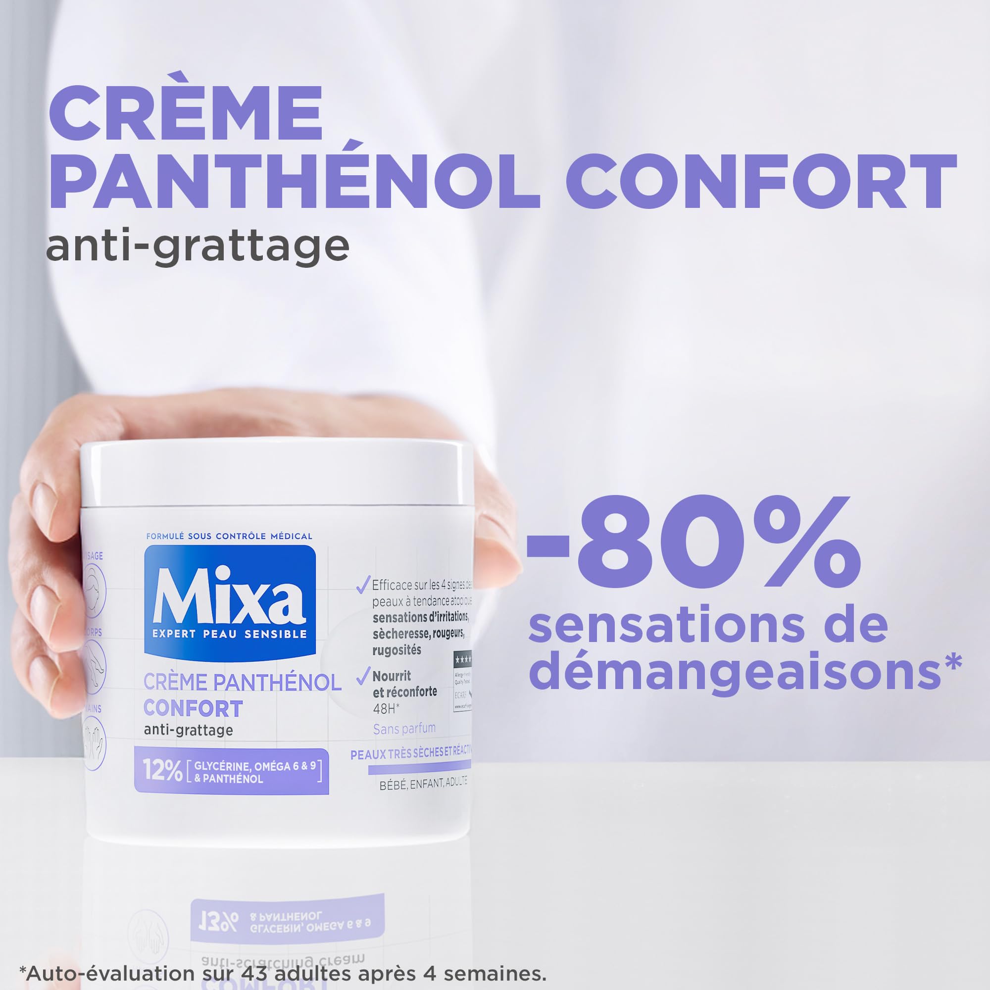 Mixa - Crème Panthénol Confort - Anti-Démangeaisons - Peaux Très Sèches et Réactives - Visage, Corps, Mains - Bébé, Enfant, Adulte Hypoallergénique - Sans Parfum - 400ml