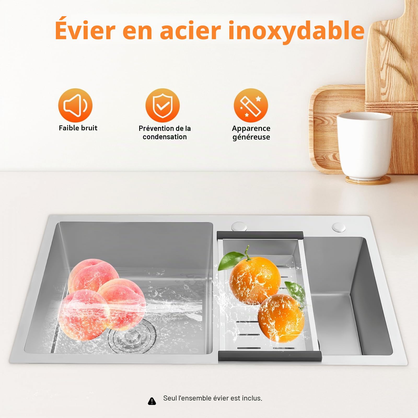 Lot d'évier encastrable en acier inoxydable - Double évier avec égouttoir - Évier en acier inoxydable - Pour cuisines, restaurants commerciaux, garages, buanderies, caves, bars - 78 x 43 x 21 cm
