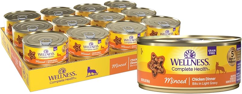 Ração úmida para gatos adultos Wellness Complete Health com frango picado sem grãos, 156 g, pacote com 24 latas