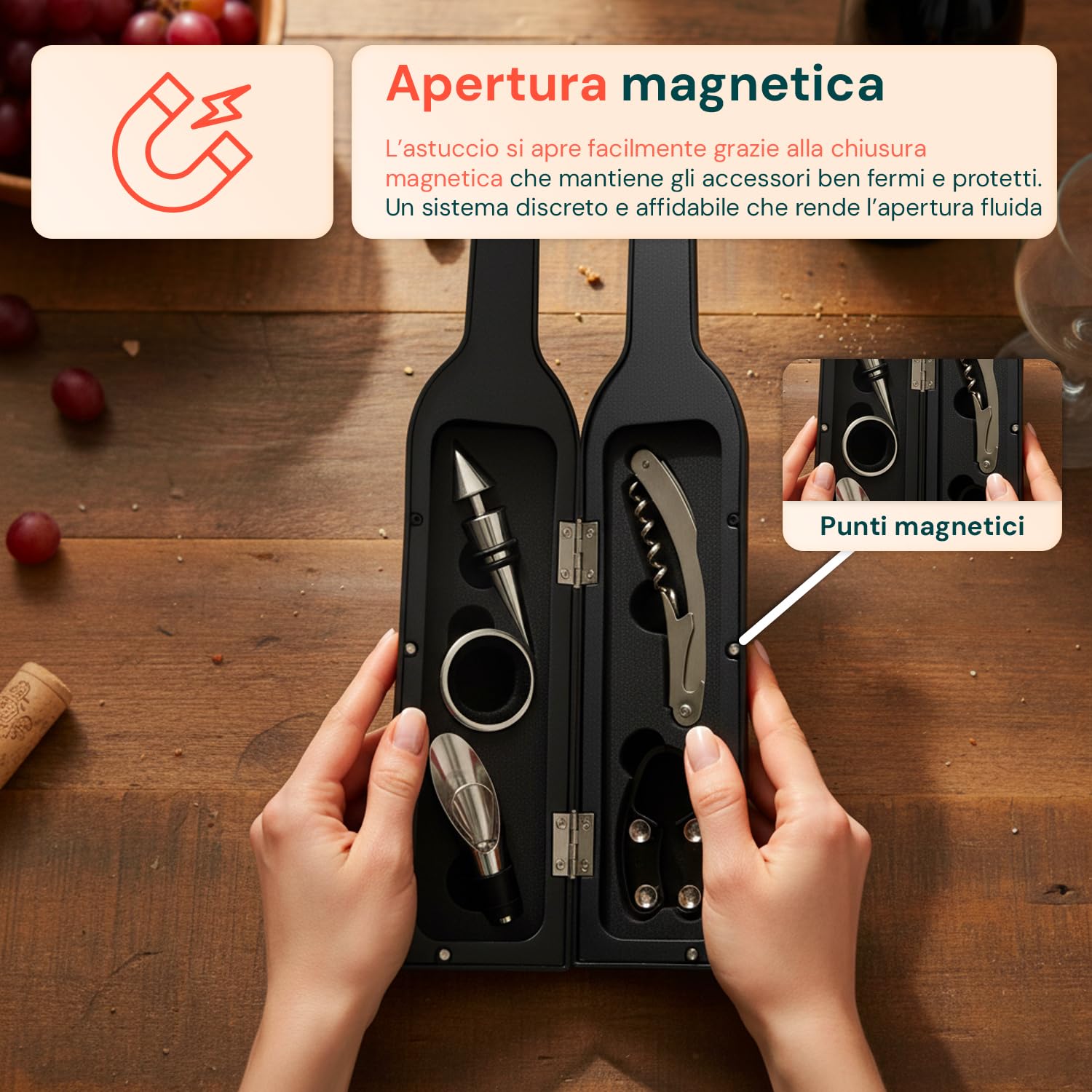 Avilia Set Accessori Vino 5 Pezzi Acciaio Inox 304 – Cavatappi Ergonomico Versatore Tappo Salvafreschezza Anello Antigoccia | Astuccio Bottiglia | Idea Regalo Vino Uomo Sommelier