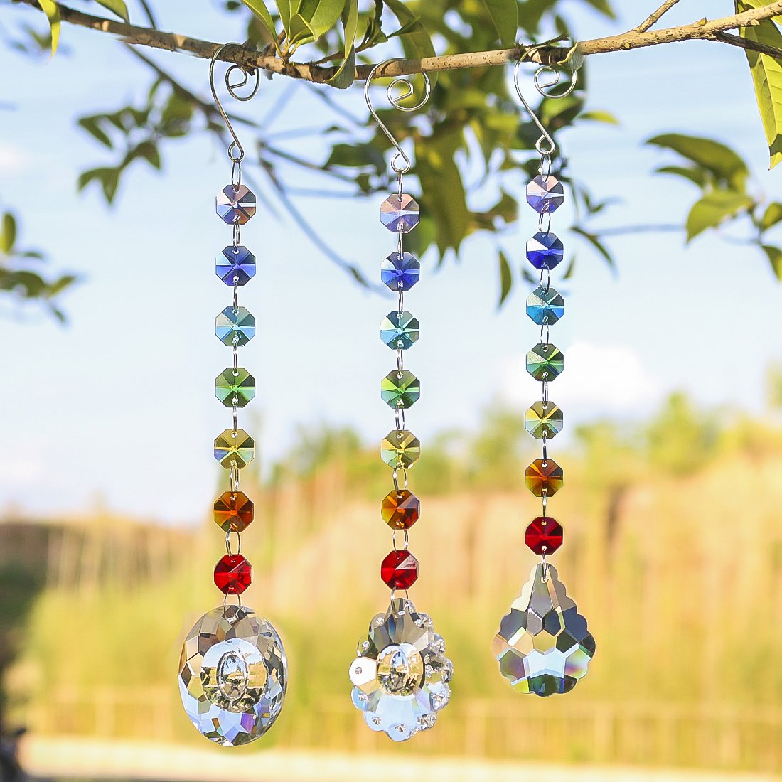 H&D 3 Stück Kristall Sonnenfänger mit Biene & Wabe – Gartendeko aus Glas, hängende Figur für Fenster