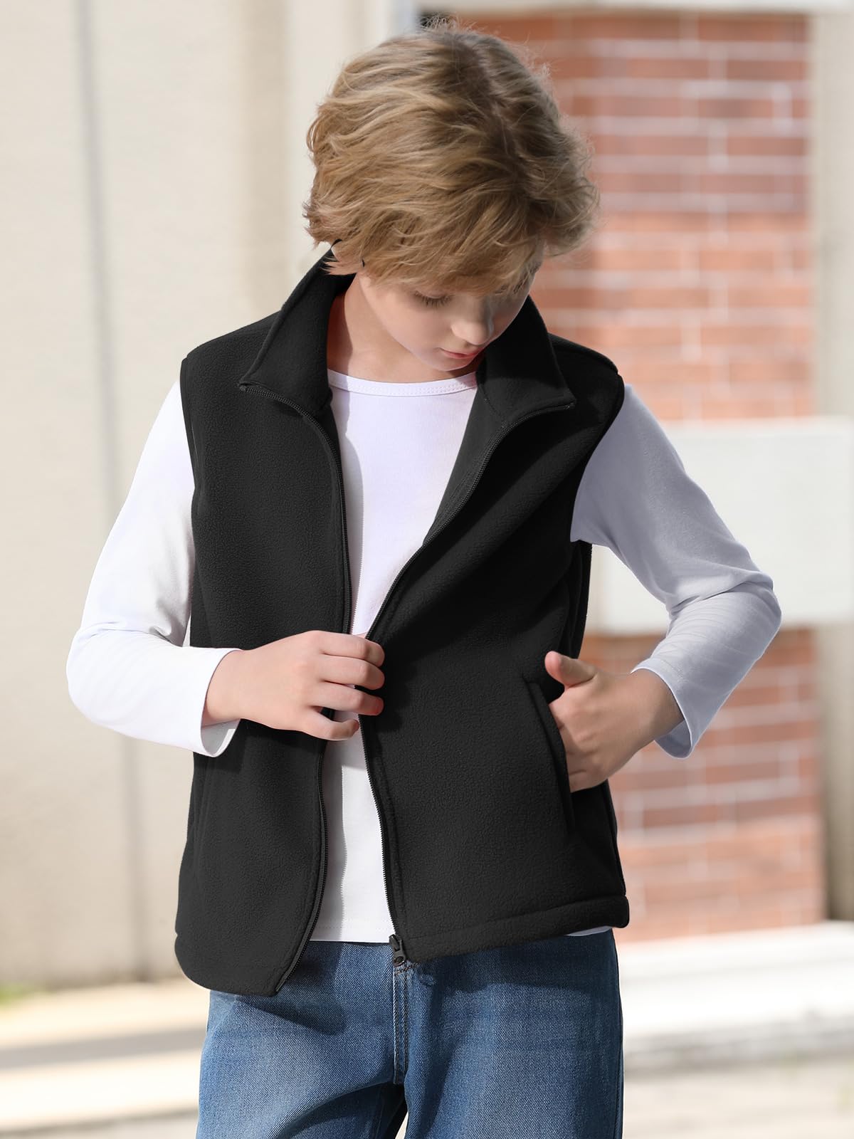 Haloumoning Gilet polaire pour garçons avec fermeture éclair intégrale - Veste légère sans manches pour l'automne et l'hiver - Vêtement d'extérieur chaud - 5-14 ans