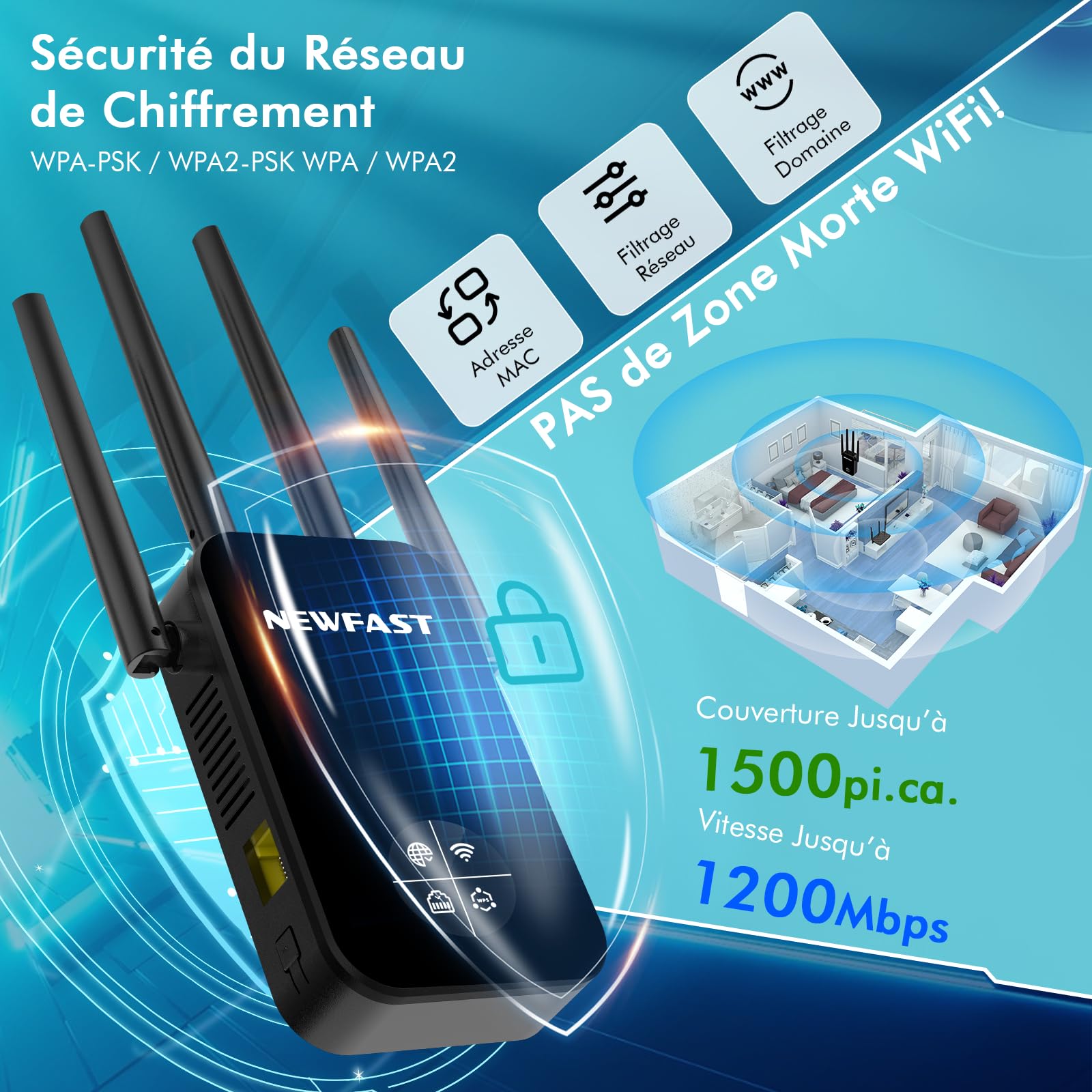 NEWFAST Répéteur WiFi AC1200 Mbps NF-RE523, Double Bande Amplificateur WiFi Puissant Couvre jusqu'à 100 m², Repetiteur WiFi Compatible avec Les Box Internet, Prise UE