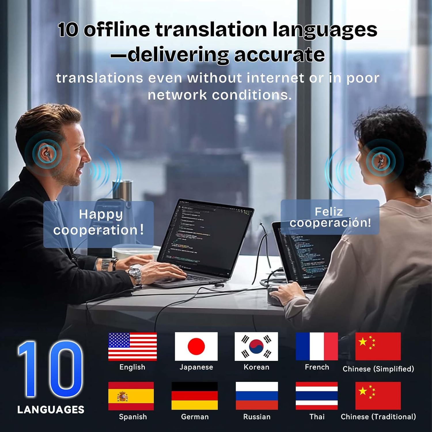 Map showing 10 offline translation languages supported by EAKKOR AI Translation Earbuds