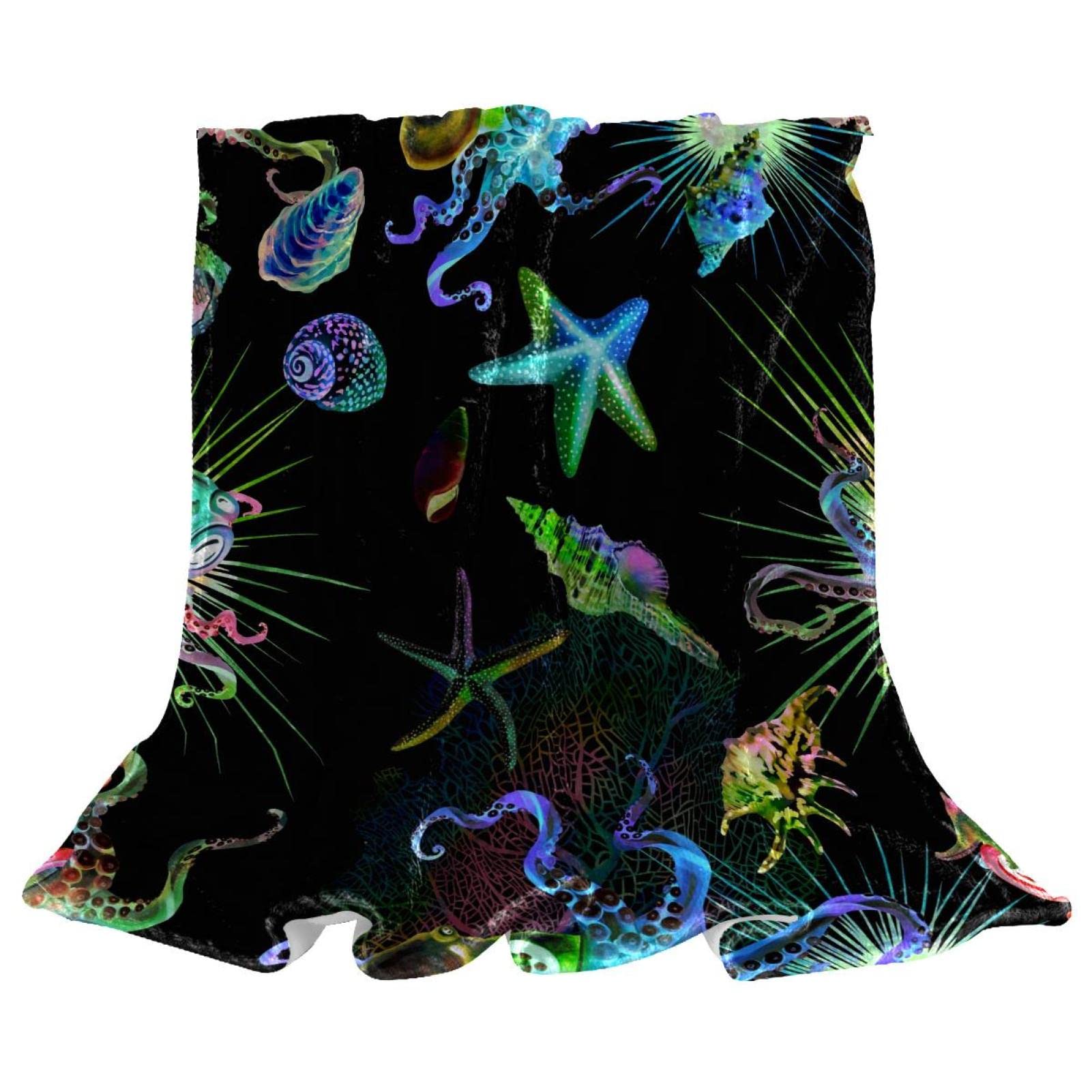 Coperta in pile con stelle marine al neon - morbida e leggera peluche accogliente - perfetta per letto, divano, viaggi, campeggio, 149,9 x 199,9 cm
