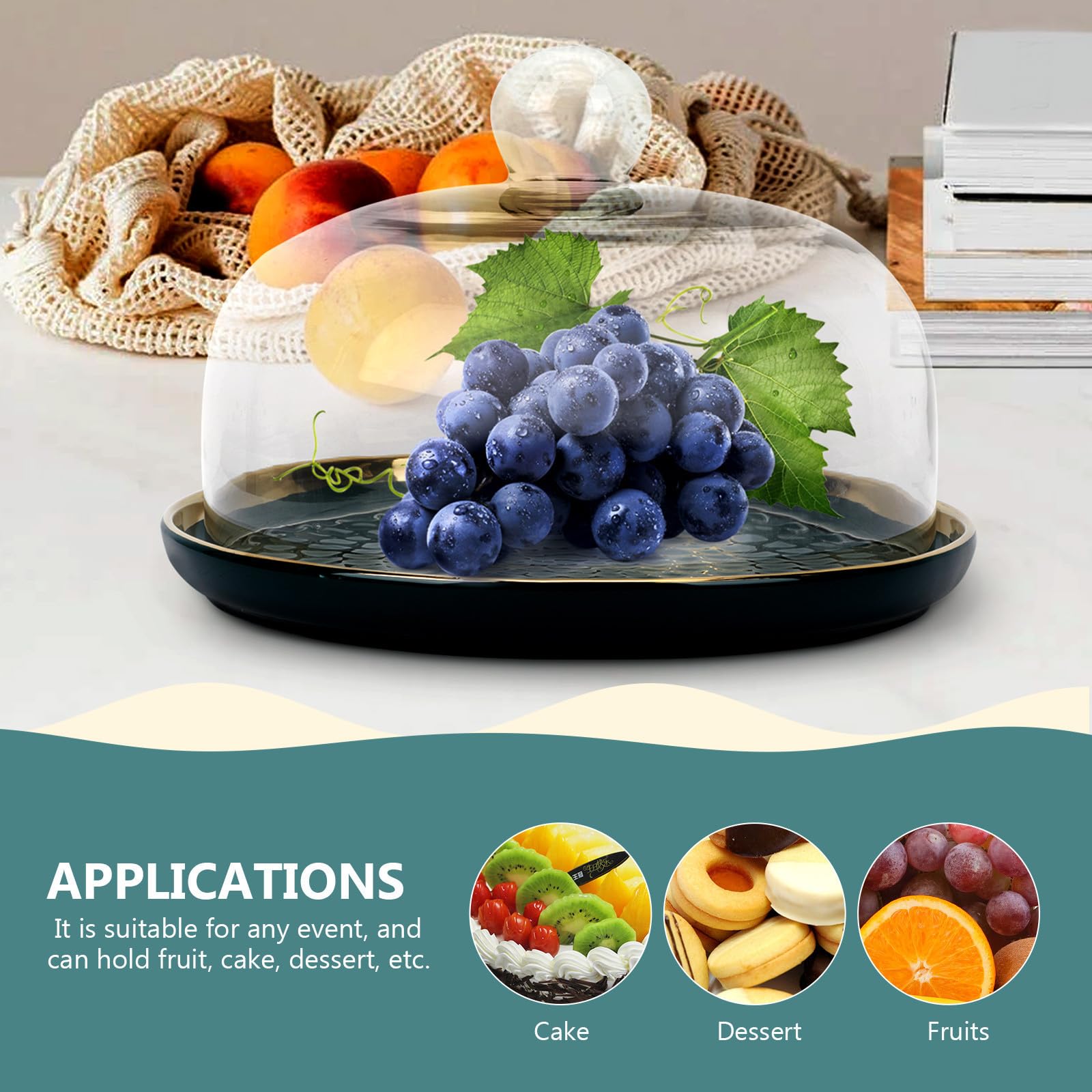 SEWACC Bandeja para servir postres con cubierta de vidrio transparente y base de cerámica verde, protección de alimentos para fiestas infantiles y cenas familiares, 1 set elegante