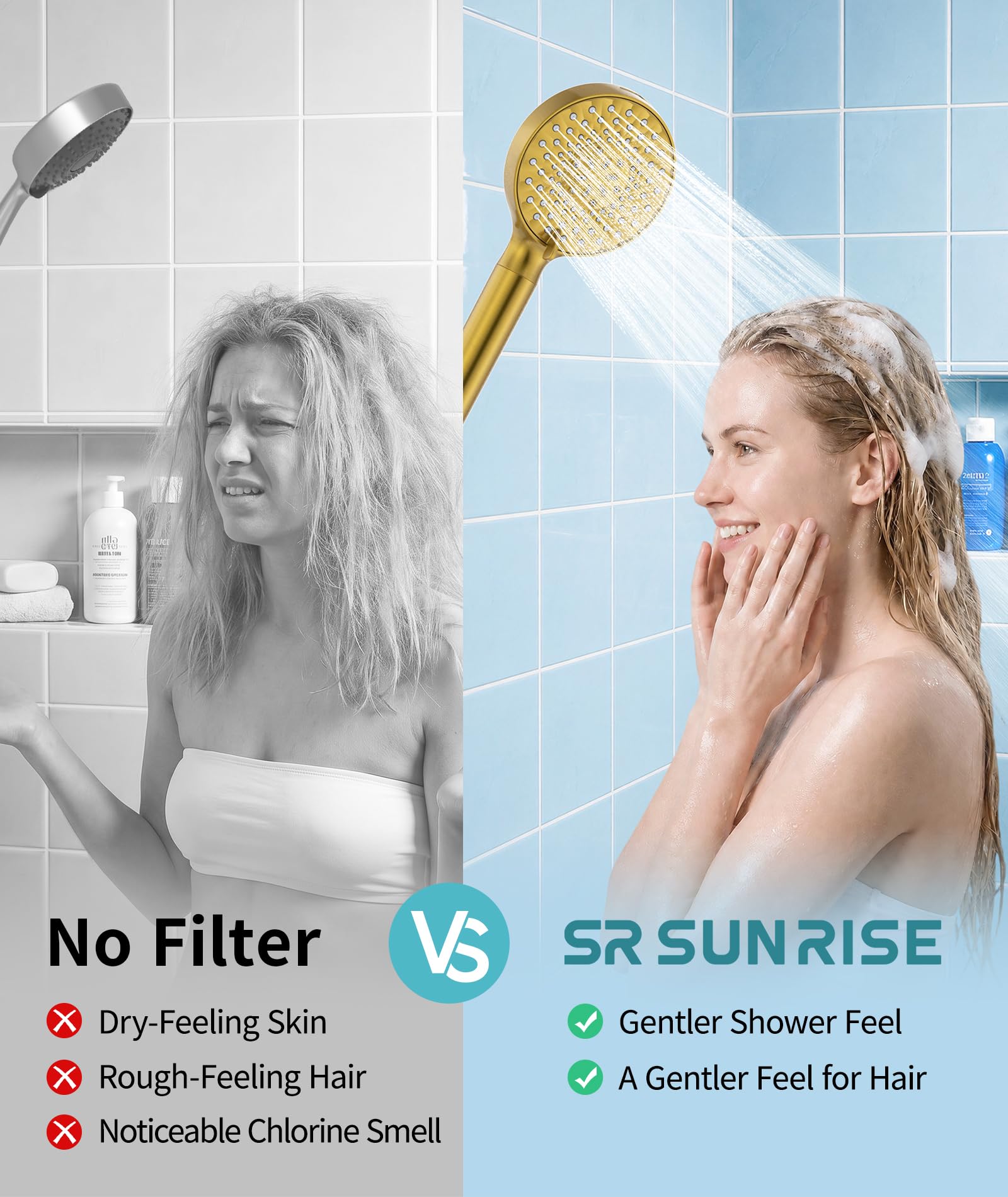 Soffione doccia filtrato con palmare, ad alta pressione, 9 modalità di spruzzo, oro spazzolato, con 4 filtri, soffione doccia staccabile, filtro addolcitore d'acqua perline per acqua dura, rimuove il
