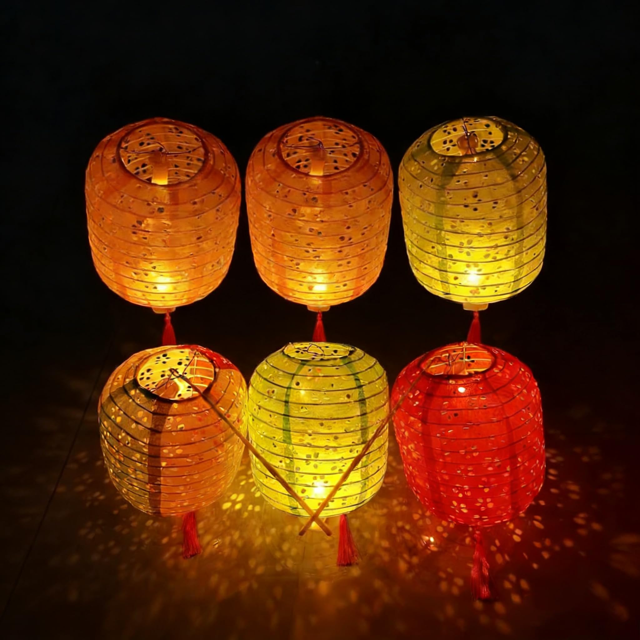 Set of 5 Paper Lanterns 6inches Variety Color Vibrant LED Lights, Hollow Out Hanging Paper Lanterns with Tassels Walking Sticks for Dinner Birthday Party Decor (Oval-Shaped)