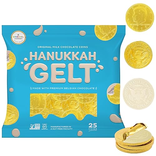 The Dreidel Company Chocolate con leche blanca, gelatina de Hanukkah, monedas de papel de aluminio dorado de medio dólar, hechas con chocolate belga