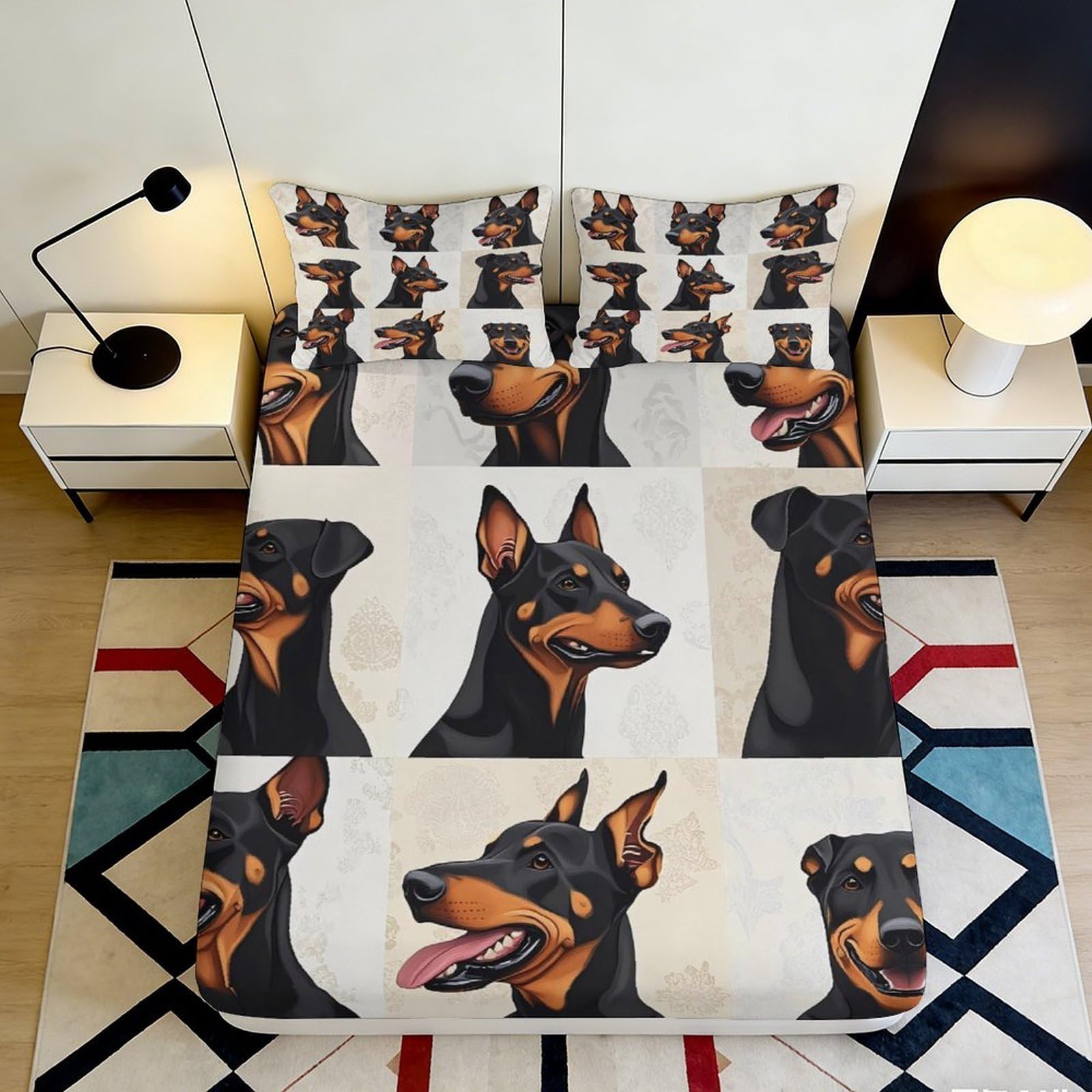 3D Printed Doberman Portrait Fitted Sheet Microfiber Soft Breathable Dog Pattern Bed Cover for Bedroom Guest Room Decor 90x200x25cm