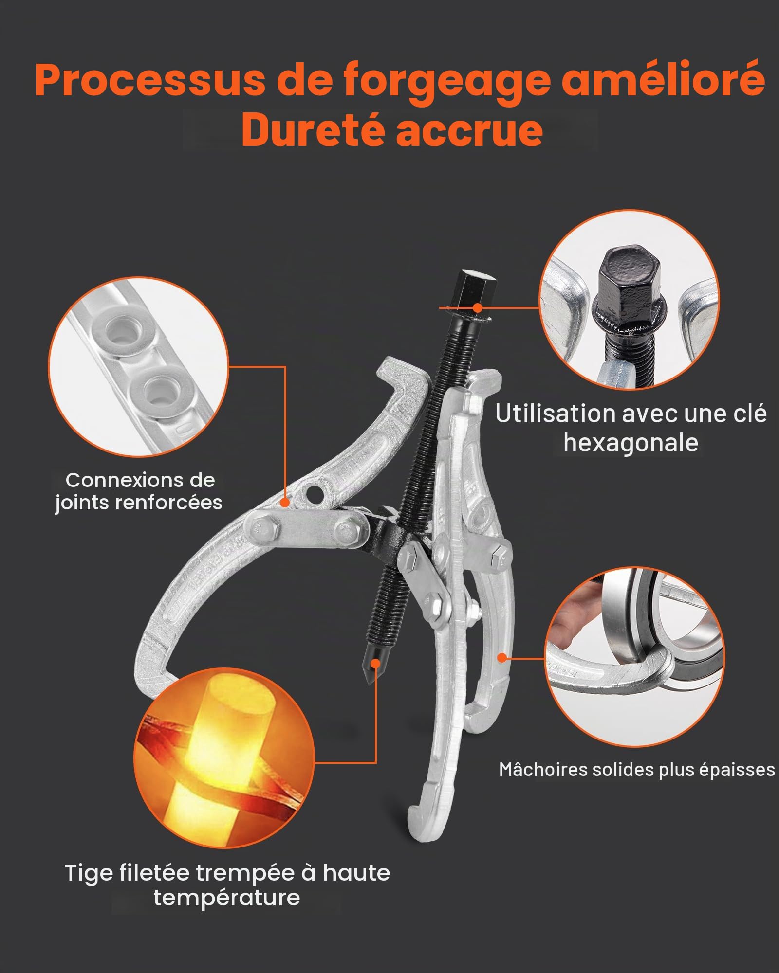 VEVOR Ensemble d'Extracteurs d'Engrenages de Poulie à 2/3 Mâchoires 4PCs, Arrache Roulement 76,2/101,6/152,4/203,2 mm avec Mâchoires Réversibles, pour Retrait du Volant d'Inertie, Garage Atelier