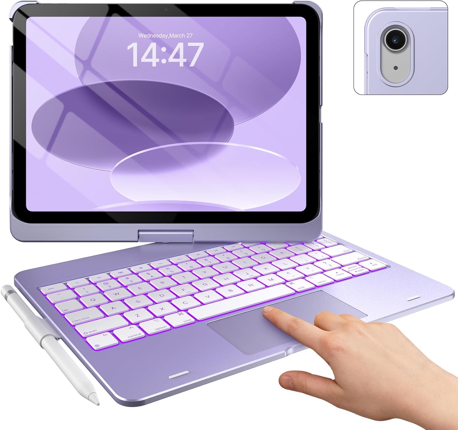 typecase Touch Keyboard for New iPad A16 2025 (11 Inch) & iPad 10th Generation with Multi-Touch Trackpad, 11-Colors Backlit, 360° Rotatable Design, Bluetooth Keyboard case, Pencil Holder (L. Purple)-image-21