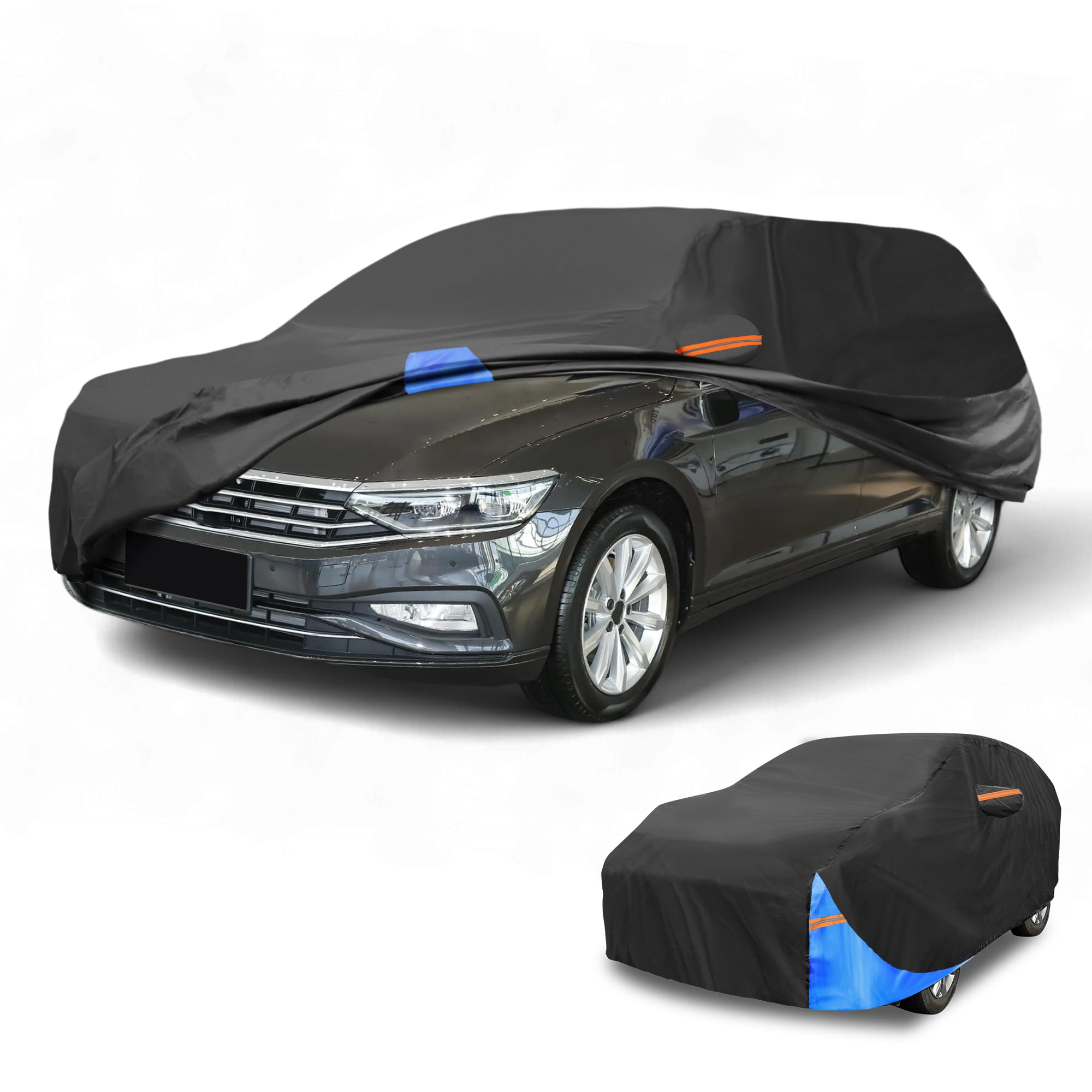 Waterproof All-Weather Universal Car Cover with Right Side Zipper, 190T Polyeste Black Blue Fits for Wagon 190" to 198" Length