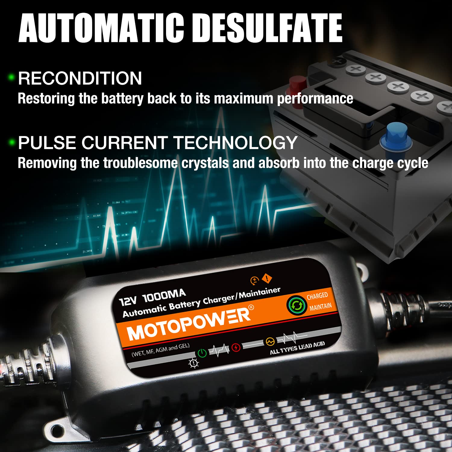 MOTOPOWER MP00205B 12V 1000mA Caricabatterie Automatico per Auto, Moto, ATV e Altro - Nero