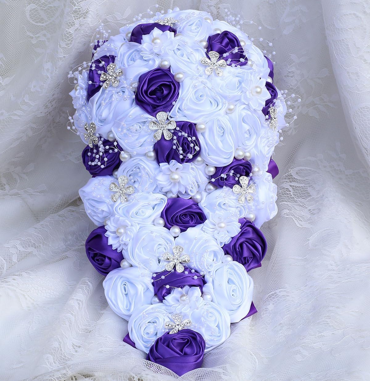 Luxury Cascade Bridal Wedding Bouquet Satin Rose Waterfall Holding Bouquet Artificial Flower Bunch for Bride Bridesmaid(White & Purple, 17.3" x 8.7")