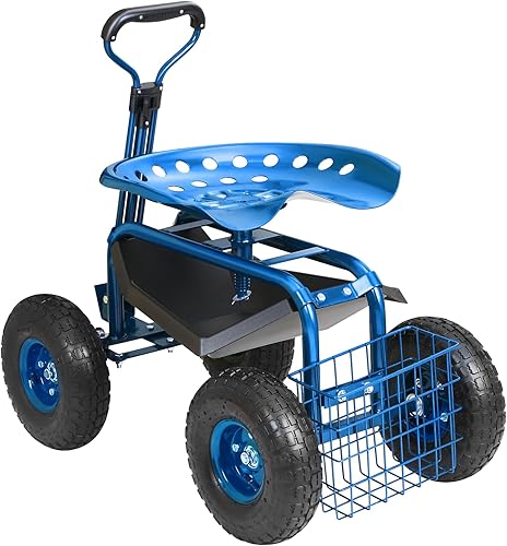 Miniatura 8 de VEVOR Asiento de trabajo de jardín con ruedas, taburete de jardinería para plantar, asiento giratorio de 360 grados, scooter de jardín con mango de