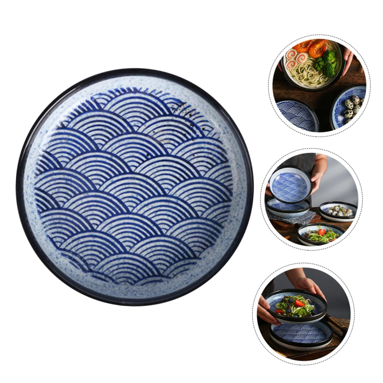 POPETPOP Assiette Creuse en Céramique Bleu Style Japonerie Vintage, Plat Pratique et Facile à Nettoyer pour Servir Repas et Snacks la Maison