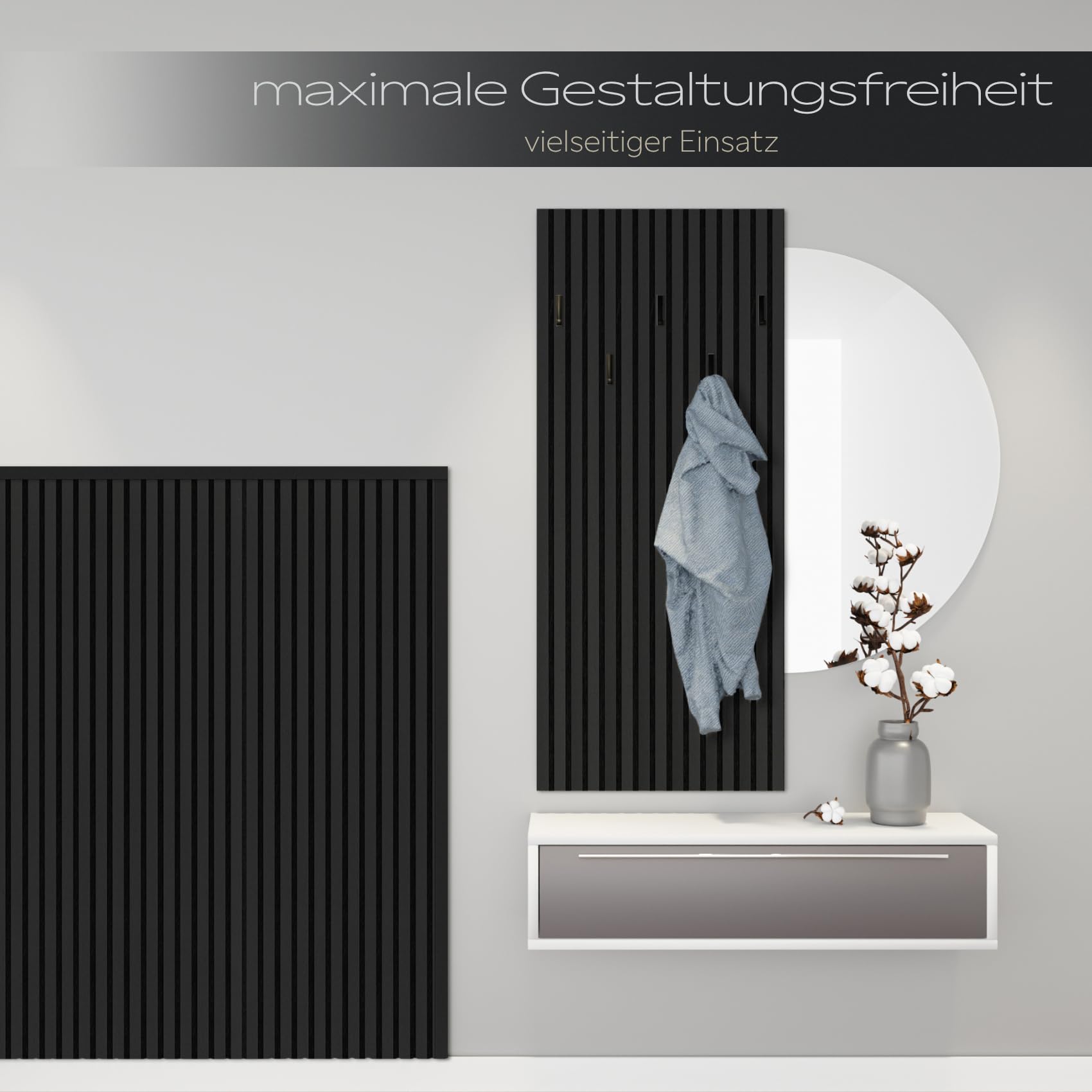 HEXIM Akustikpaneele 2 Stück 278x60cm Holz Comfort - flexible Holzpaneele Platten Lamellenwand flexibel MDF Wandpaneele TV Wandverkleidung Holzwand Deko schwarz (3.34m² Black Edition)