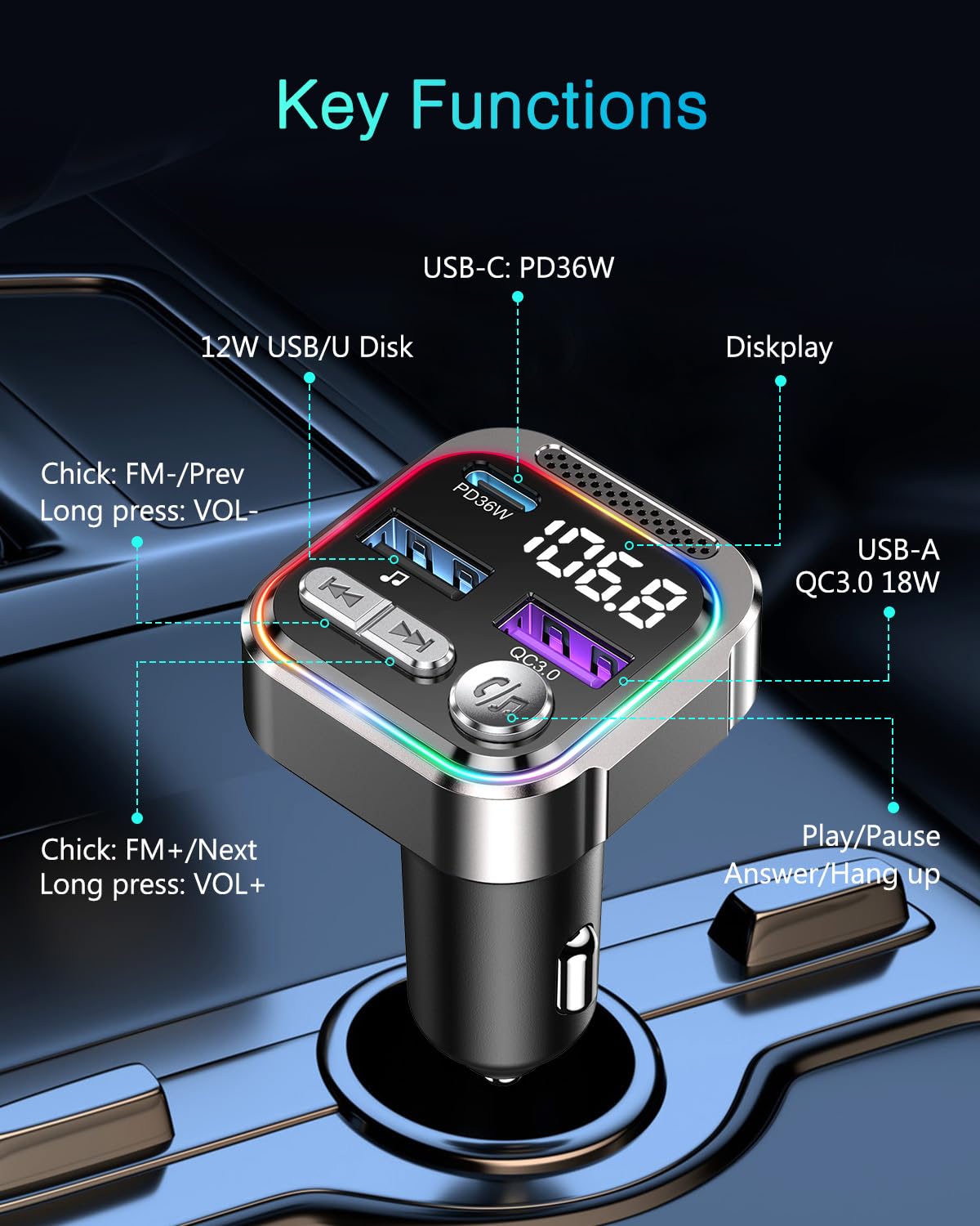 ORIA Nadajnik FM Bluetooth 5.3 66W, PD 36W + QC3.0 18W Samochodowy Nadajnik Bluetooth Radio, Połączenia Głośnomówiące, Synchronizacja Muzyki, Światło Oddechowe, Samochodowy Adapter Muzyczny