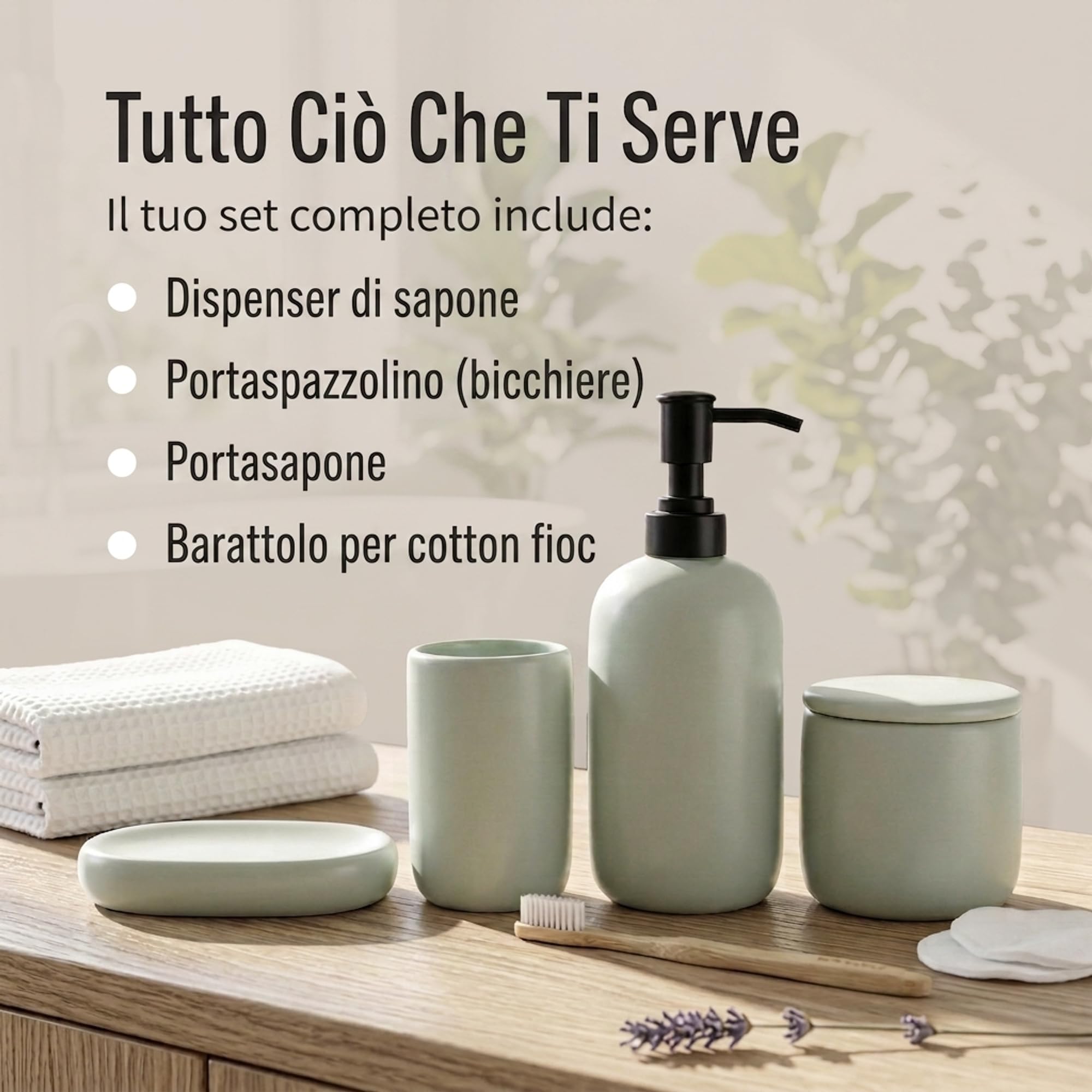 Ava Nord Set di Accessori per il Bagno in Ceramica | 4 Pezzi | Verde | Dispenser di sapone + Portaspazzolino + Porta-sapone + Bicchiere, design scandinavo elegante, resistente ai graffi, durevole