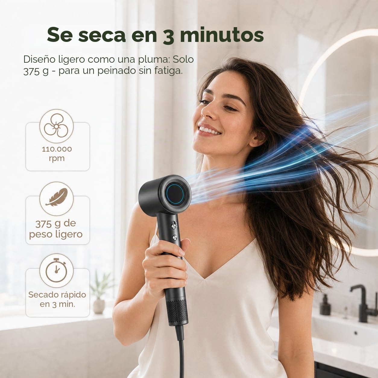 Secador de pelo de alta velocidad con caja rígida de poliuretano premium, secado rápido, secador de pelo de iones de 110.000 rpm, 59 dB silencioso, 200 millones de iones negativos, pantalla LCD