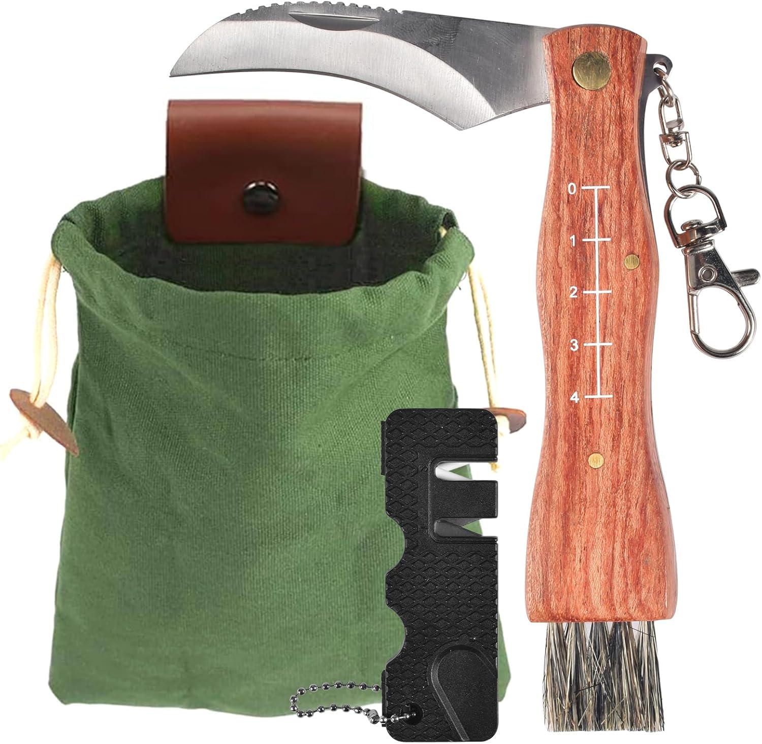 UieaMsio Mushroom with Brush and Ruler, knife with Canvas, Bag for Foraging, Pocket Knife with Key Ring, Sponge