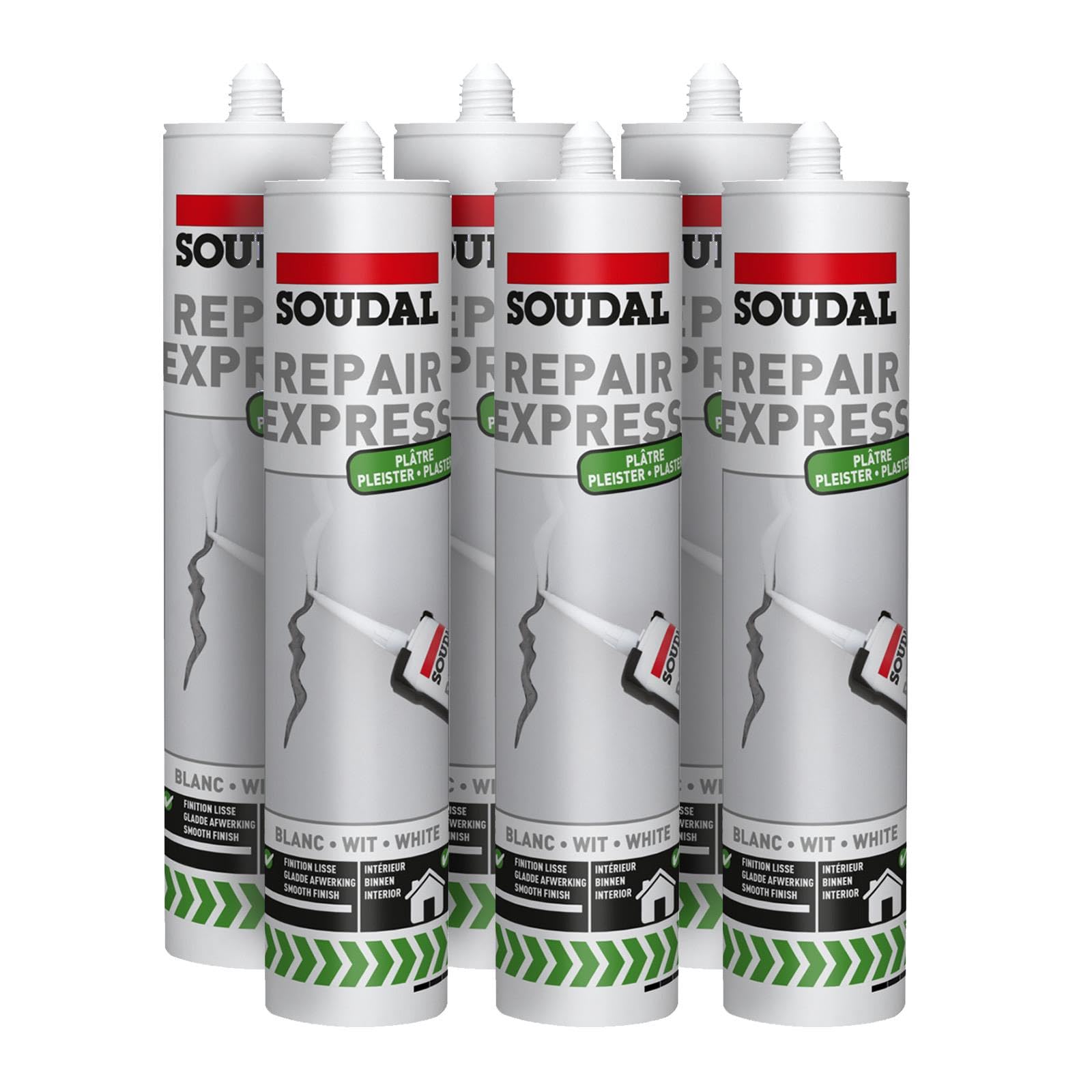 Soudal Repair Express Plaster Hole Crack Joint Filler (290ml Cartridge) - 6 Pack