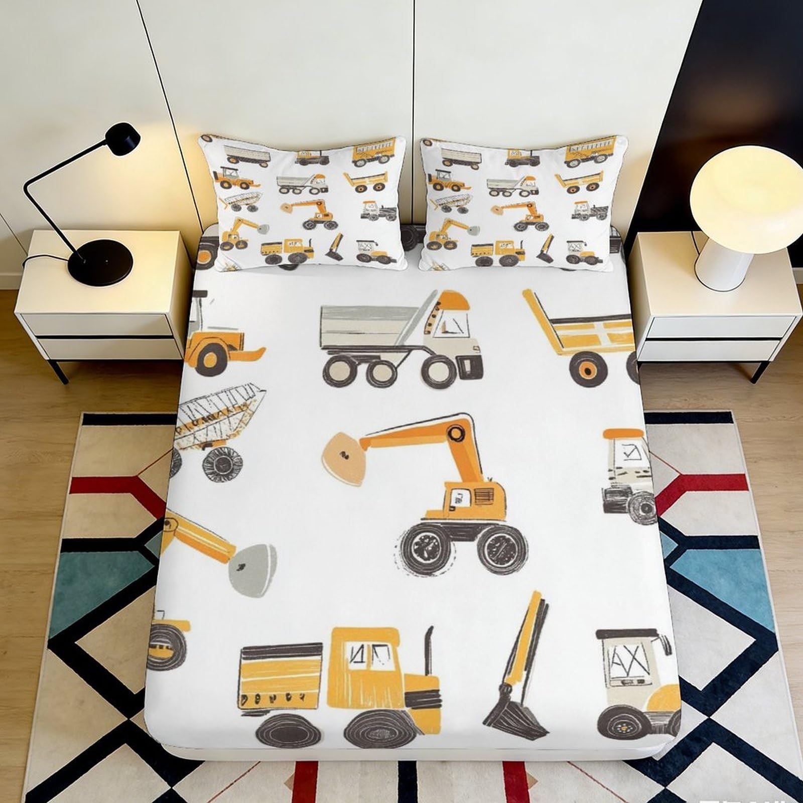 3D Printed Construction Vehicles Fitted Sheet Microfiber Soft Breathable Digger Truck Bed Cover for Bedroom Dorm Mattress Protection Decor 90x200x25cm