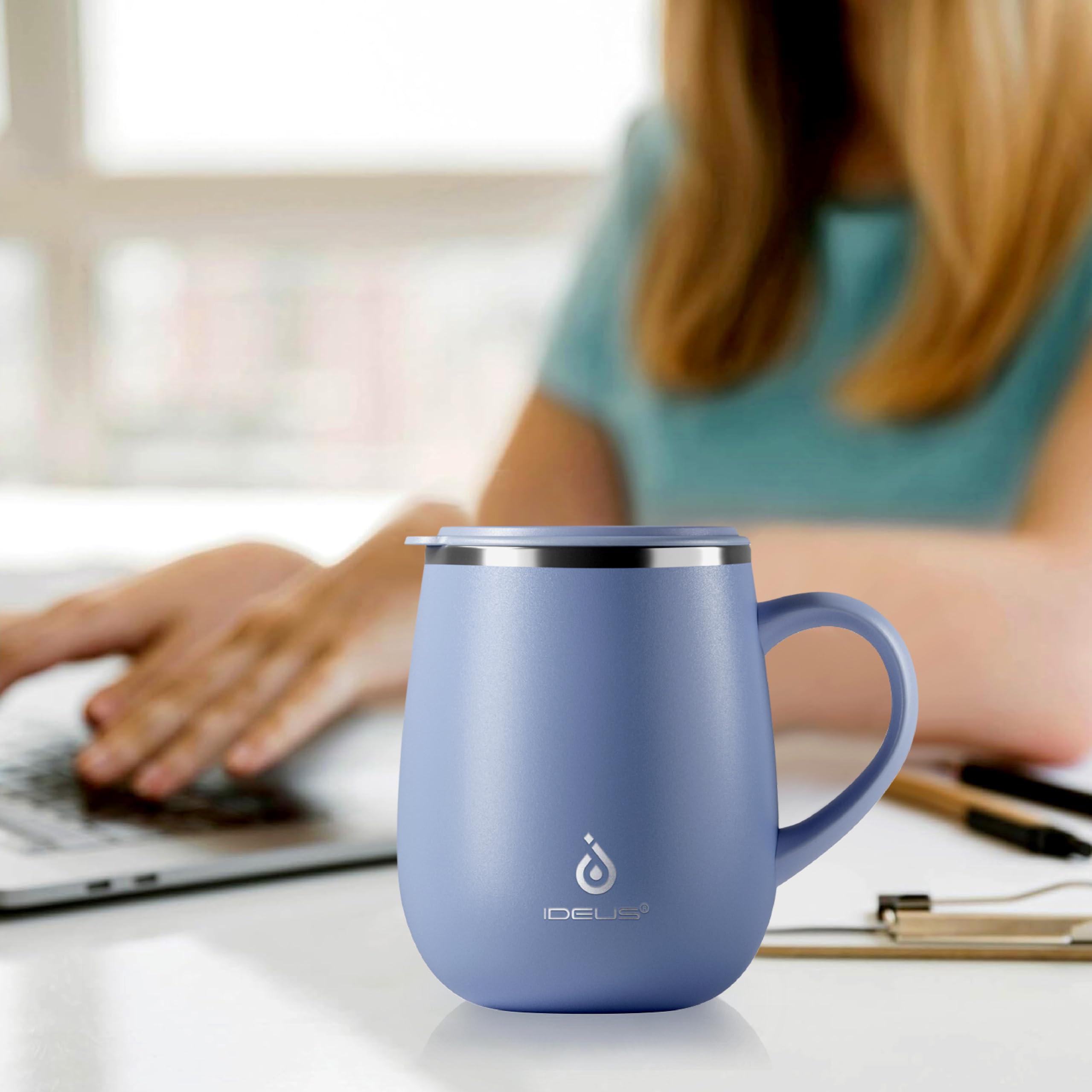 Ideus Isolierter Kaffeebecher mit Griff und Deckel, doppelwandiger Edelstahl-Vakuum-Thermo-Kaffeebecher, Reise-Kaffeetasse, Thermobecher für Zuhause und Büro, Ozeanblau 2.0, 473 ml
