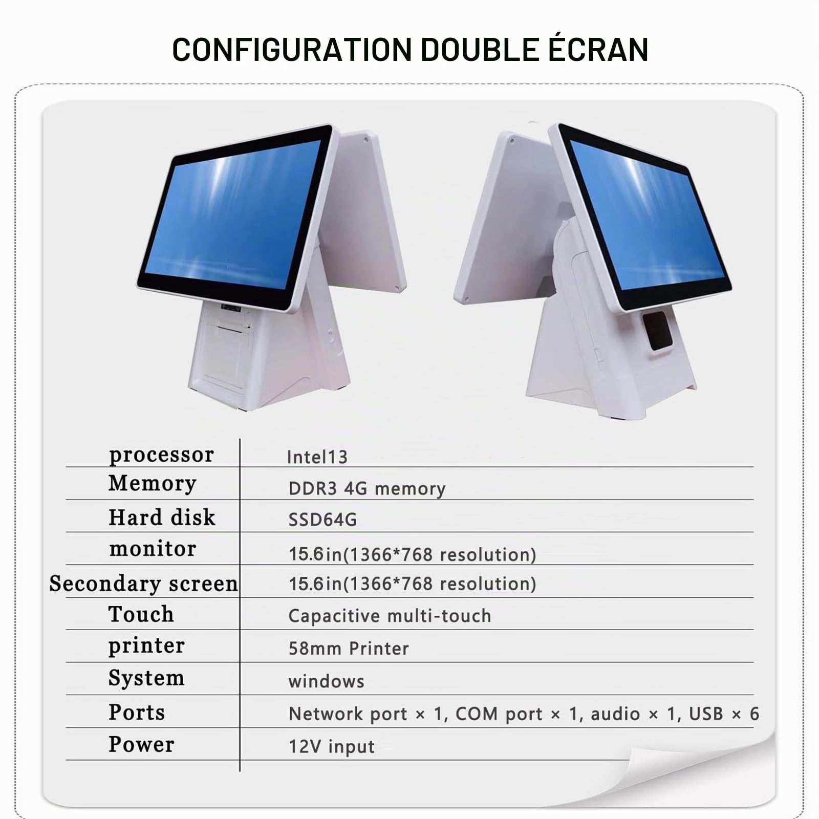 Caisse Enregistreuse POS (15,6"), Écran Tactile, Caisse Enregistreuse Rapide (Distributeur De Tickets Intégré), Résolution 1366×768/4 Go De RAM + 64 Go De SSD, pour Restaurant,Singlescreen