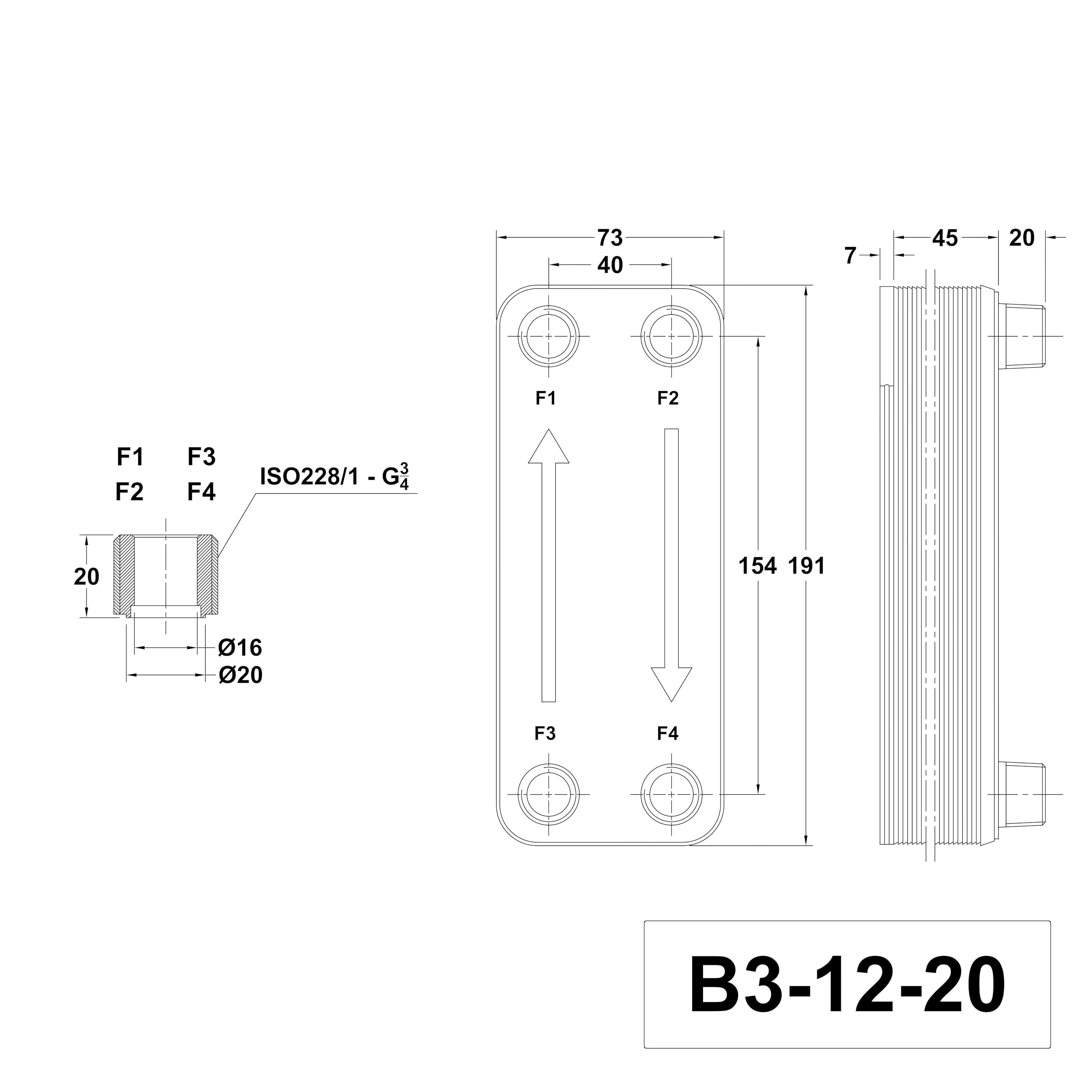 Intercambiador de calor de placas de acero inoxidable + aislamiento B3-12-20 con conexión de 4x3/4 pulgadas. Calefacción solar de 45kW (PWT+Iso)