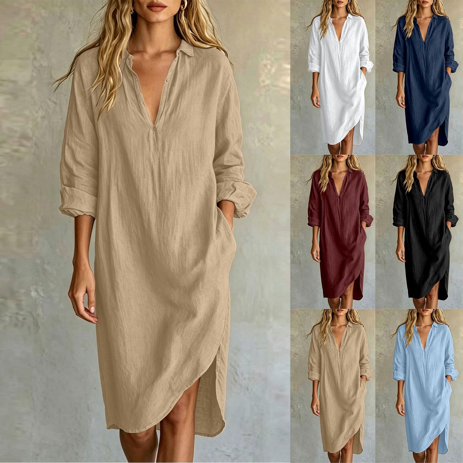 Vestido de muselina para mujer, manga larga, cuello en V, vestido de verano, algodón y lino, de secado rápido, vestidos de playa para mujer