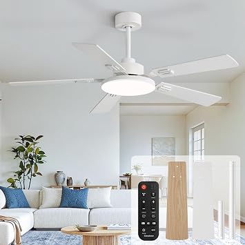 Conciseer 52 Inch Ceiling Fans with Lights and Remote for Bedroom Living Room Kitchen Office, Indoor/Outdoor Use, 6CCT Dimmable, 5 Blades, 6 Speed Reversible Quiet DC Motor, White/Wood Grain