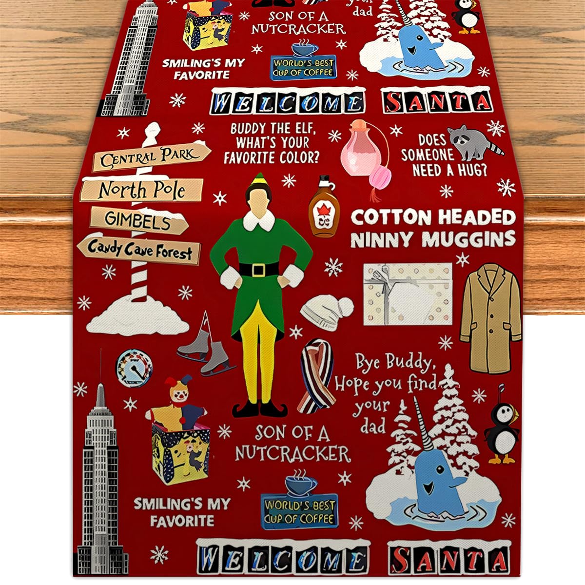 Elf Christmas Table Runner Xmas Elf Movie Kitchen Dining Table Centerpiece Funny Winter Xmas Decor Merry Christmas Decorations for Home-72 Inches Long