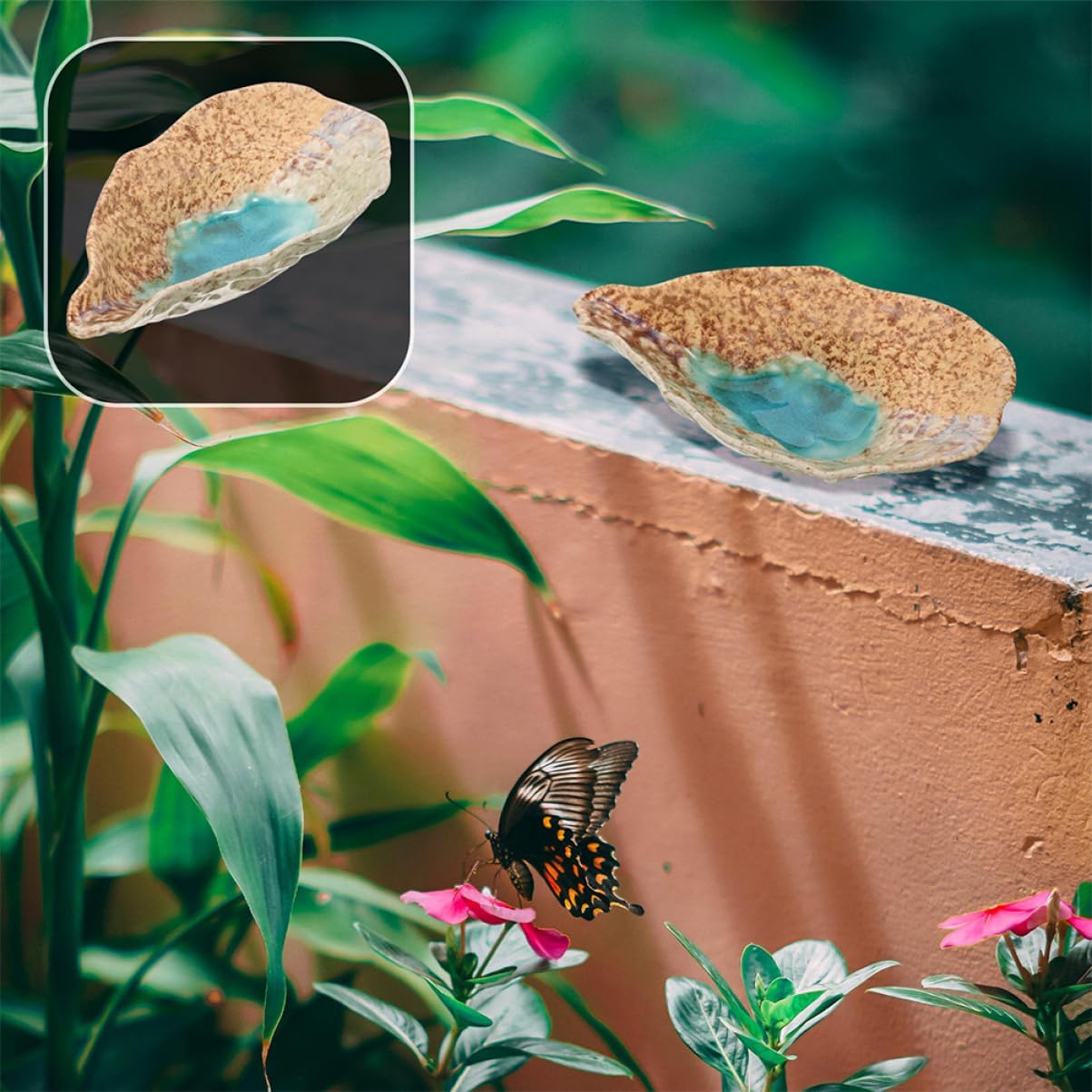 Mikikit Ceramic Butterfly Feeder Outdoor Bee Watering Station Decorative Feeding Tray for Birds and Butterflies Convenient Garden Water Dish Floral Motif 1 Piece