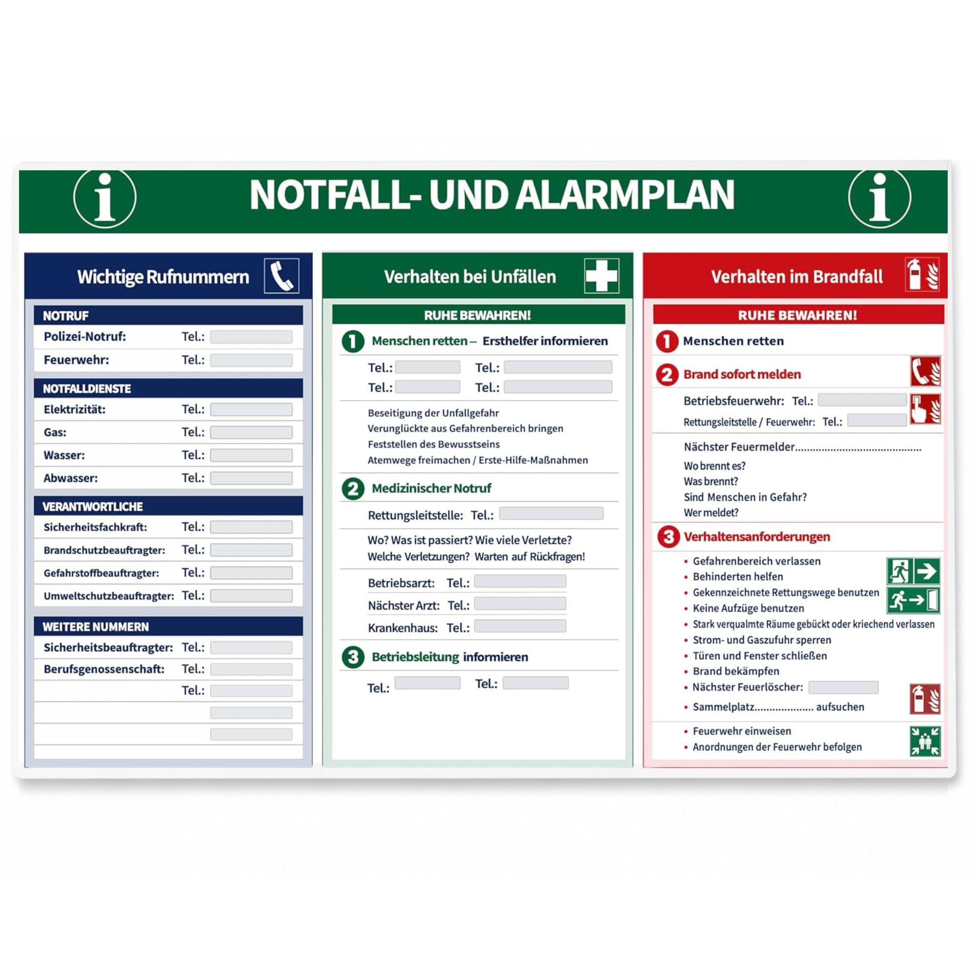 Señal de emergencia y alarma 600 x 400 mm | Cartel de seguridad con números de emergencia para escribir | Comportamiento en accidentes y casos de incendio | PVC duro para oficina, taller, escuela