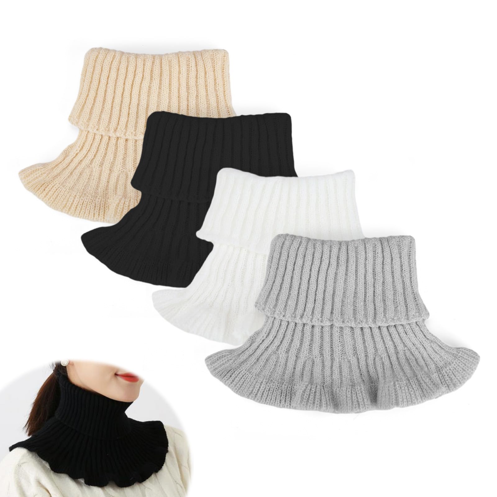 Lot De 4 Faux Cols Roulés Femme - Col Haut Tricoté, Amovible, Coupe-vent - Noir, Rouge, Gris, Blanc - Pour Automne/hiver - 5