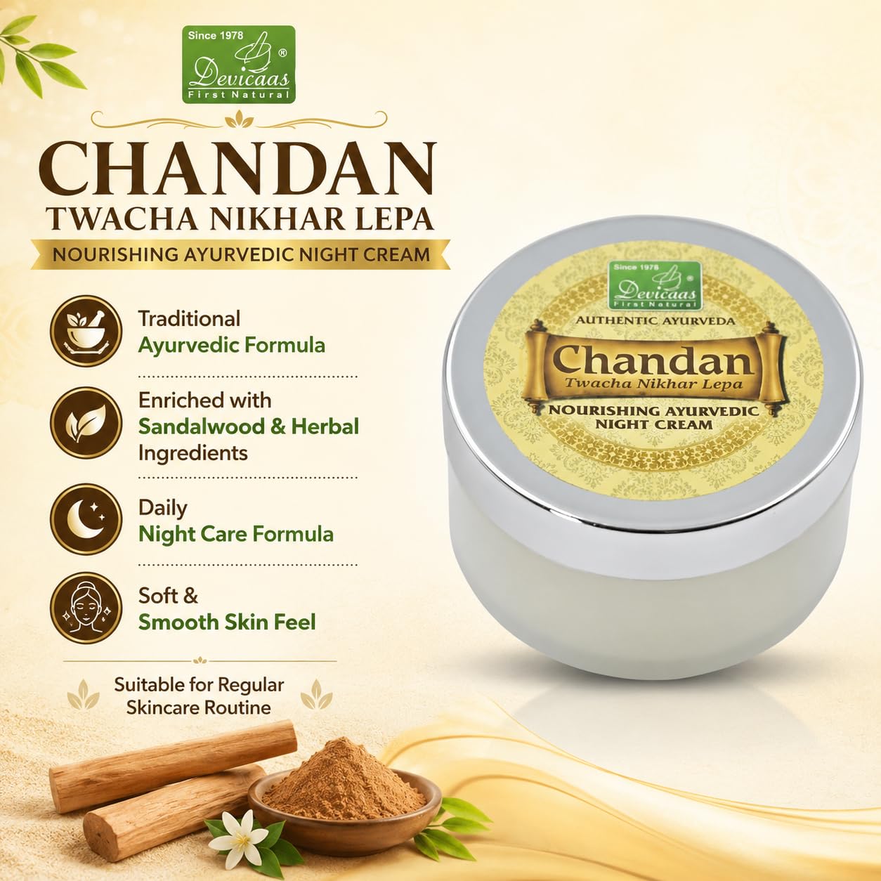 DEVICAAS Chandan Twacha Nikhar Lepa Nourishing Ayurvedic Night Cream for Daily Skin Care | Sandalwood Herbal Formula | Moisturizing Overnight Cream for Soft Smooth Skin | Suitable for Men & Women | 50g 3