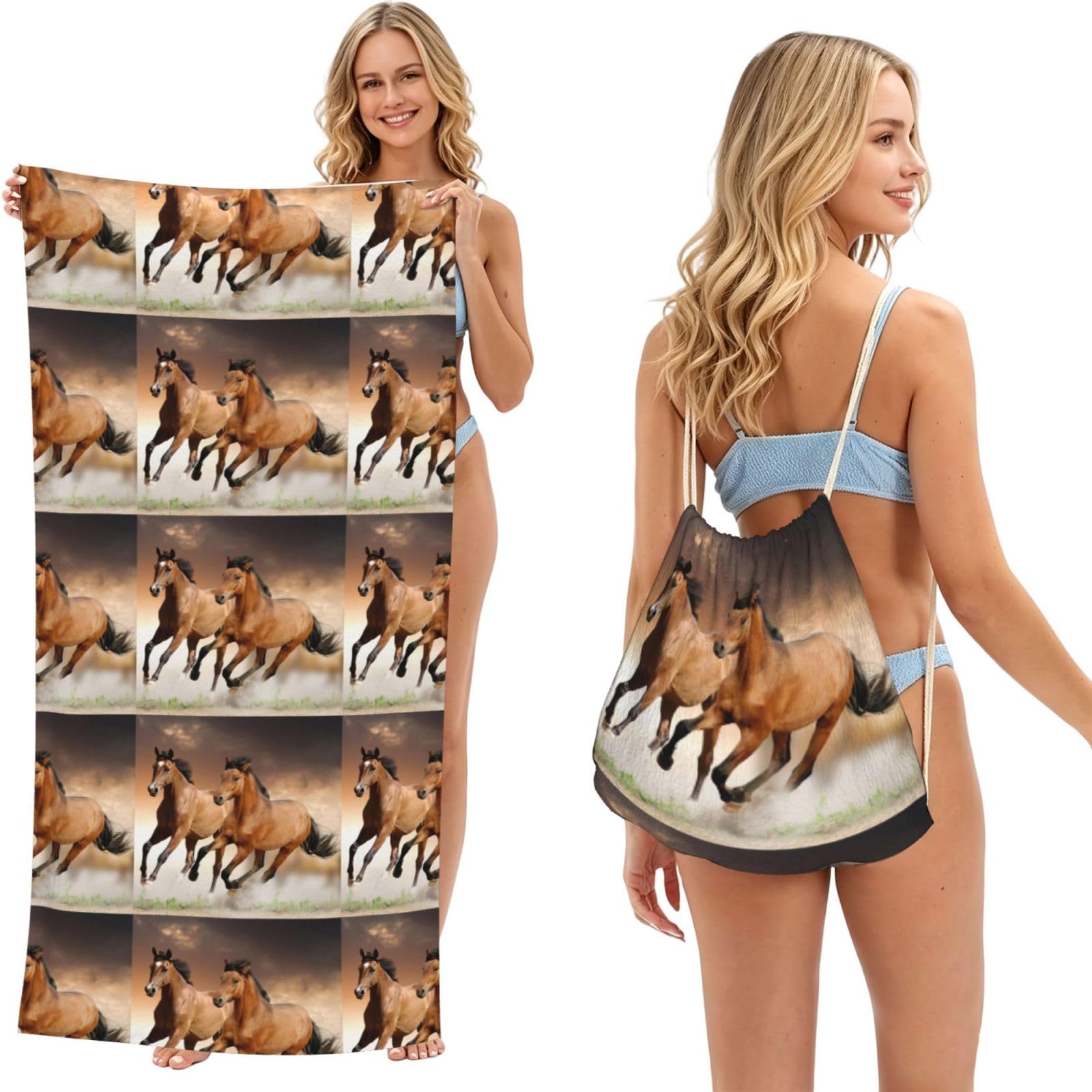 Poadnly As Picture Horse Running Animal Wild, 2 In 1 Packable Towel Bag, Beach Towels With Drawstring Backpack For Travel Holiday Camping