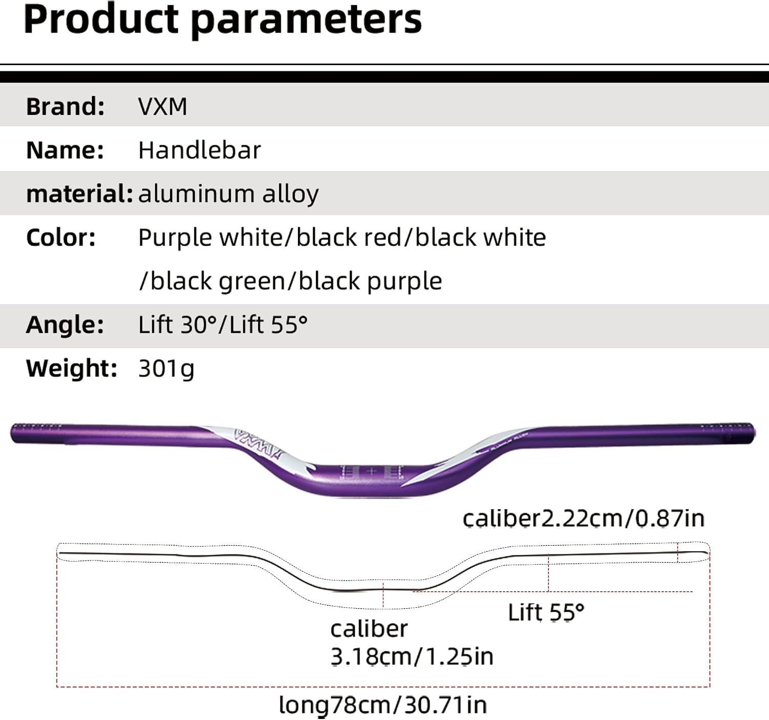 31.8mmBike Handlebar 55mm Riser Handlebars,Aluminum Alloy Mountain Bicycle Handlebar Extra Long（780mm 55mmRiser）Purple White