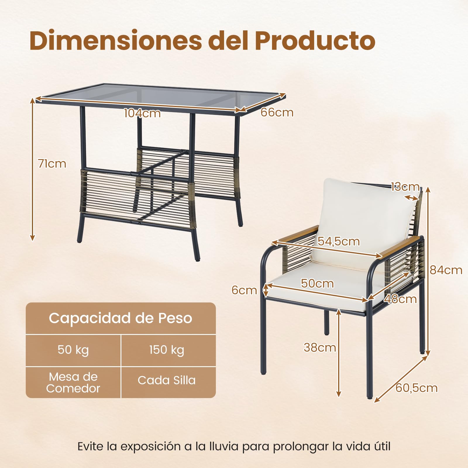 COSTWAY Conjunto de Muebles de Jardín, 3 Piezas de Ratán para Exterior Que Ahorra Espacio con Cojines, Mesa Rectangular de Vidrio y Sillas de Ratán para Balcón, Jardín y Patio (Beige)