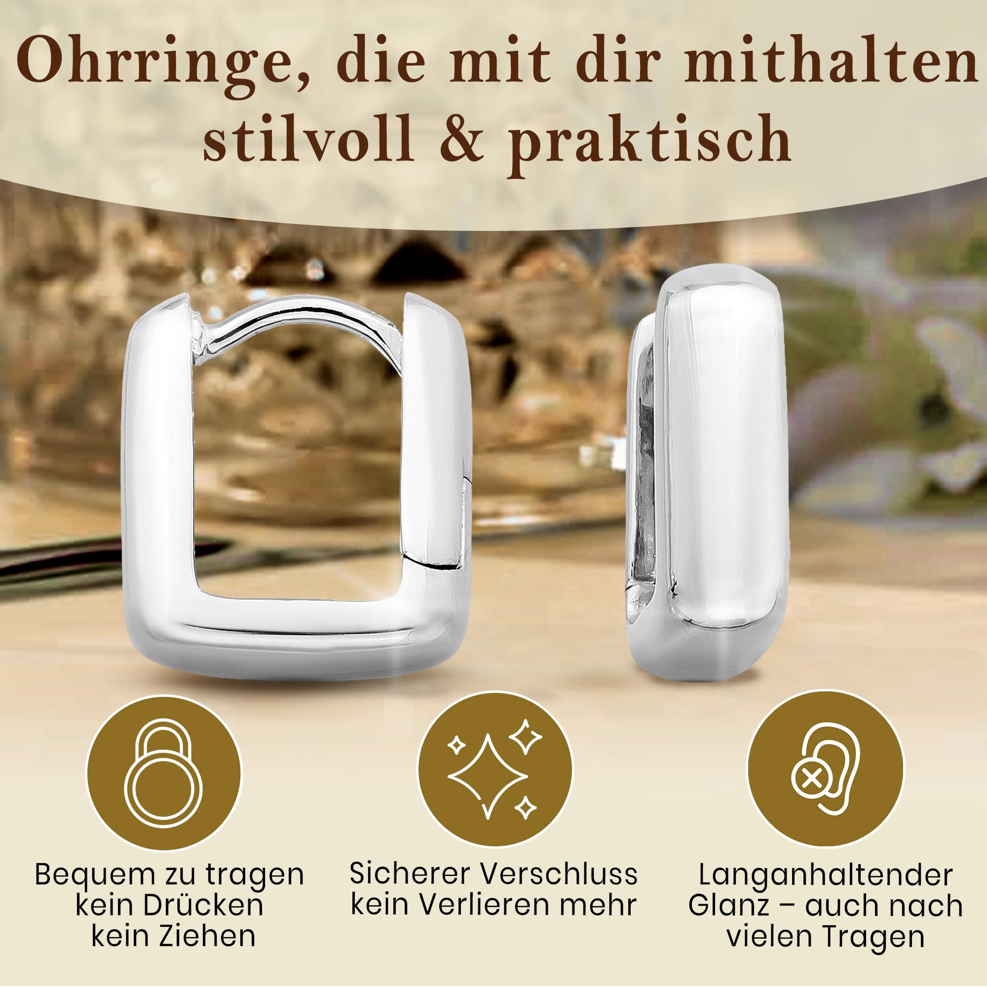 CASSINI Rechteckige Ohrringe Silber 925 – Breite Creolen Silber 925 Klein aus 925 Sterling Silber, Hochglanzpoliert Creolen Silber, Ohrringe Allergiefrei, Nickelfreier Schmuck für Damen – 3CTF1