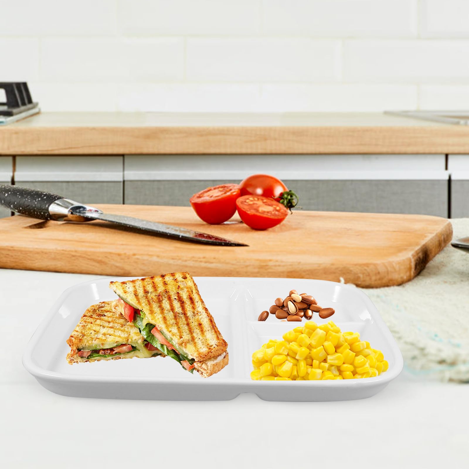 MAGICLULU Assiette Carrée en Porcelaine 10 Pouces À Trois Compartiments pour Petit Déjeuner Et Steak Vaisselle en Céramique Blanche pour Usage Familial Et Restaurant